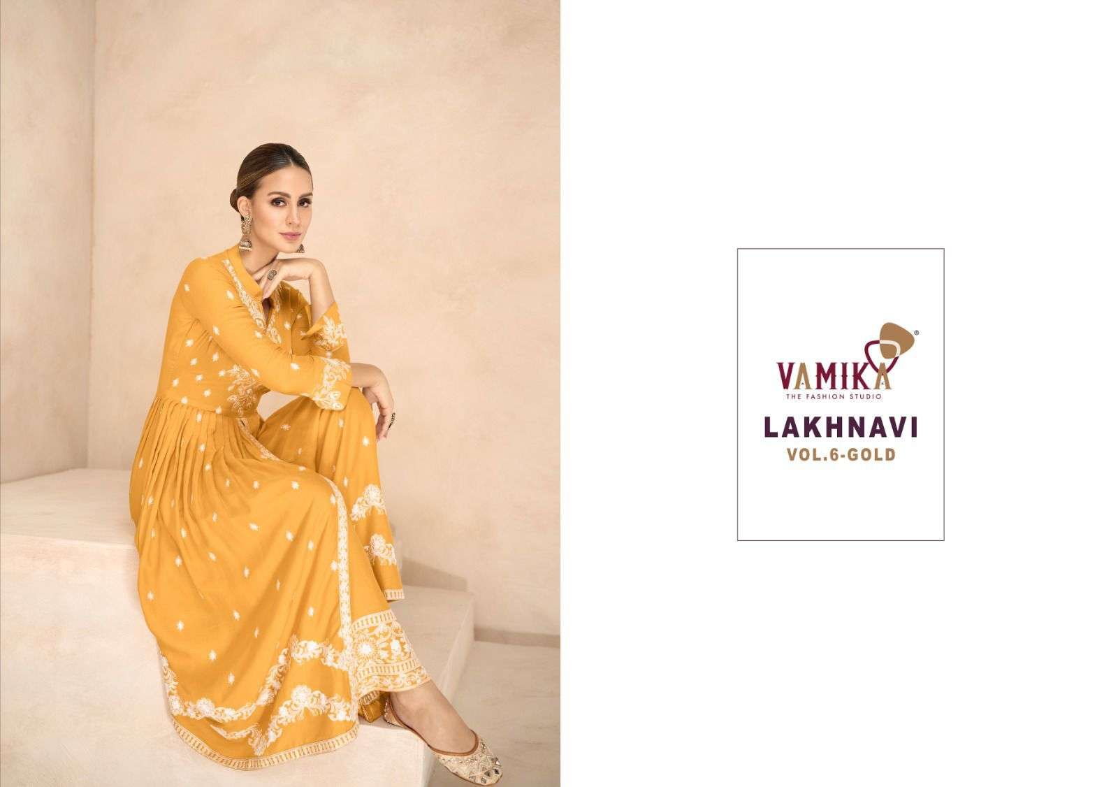 vamika lakhnavi vol 6 gold d no 1031 a to 1031 e  reyon new and modern look top plazo with dupatta catalog