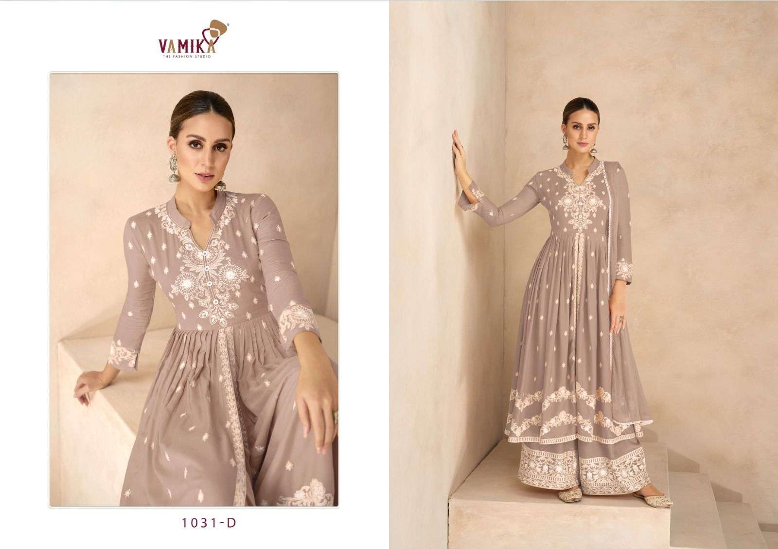 vamika lakhnavi vol 6 gold d no 1031 a to 1031 e  reyon new and modern look top plazo with dupatta catalog