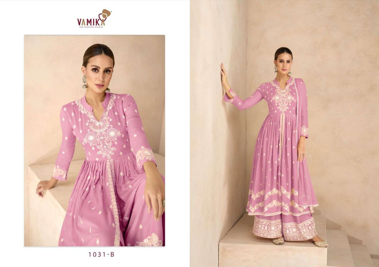 vamika lakhnavi vol 6 gold d no 1031 a to 1031 e  reyon new and modern look top plazo with dupatta catalog