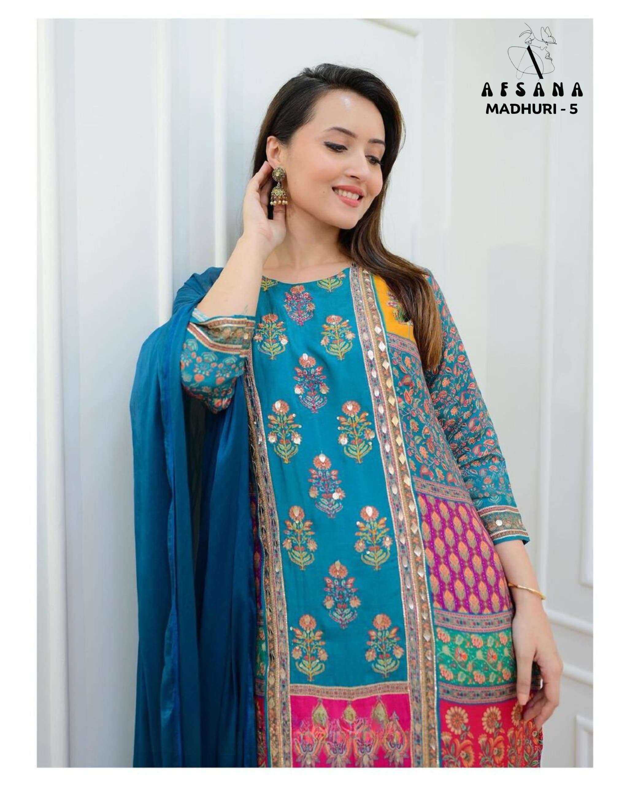 afsana madhuri 5 muslin beautiful embroidery look top bottom with dupatta size set