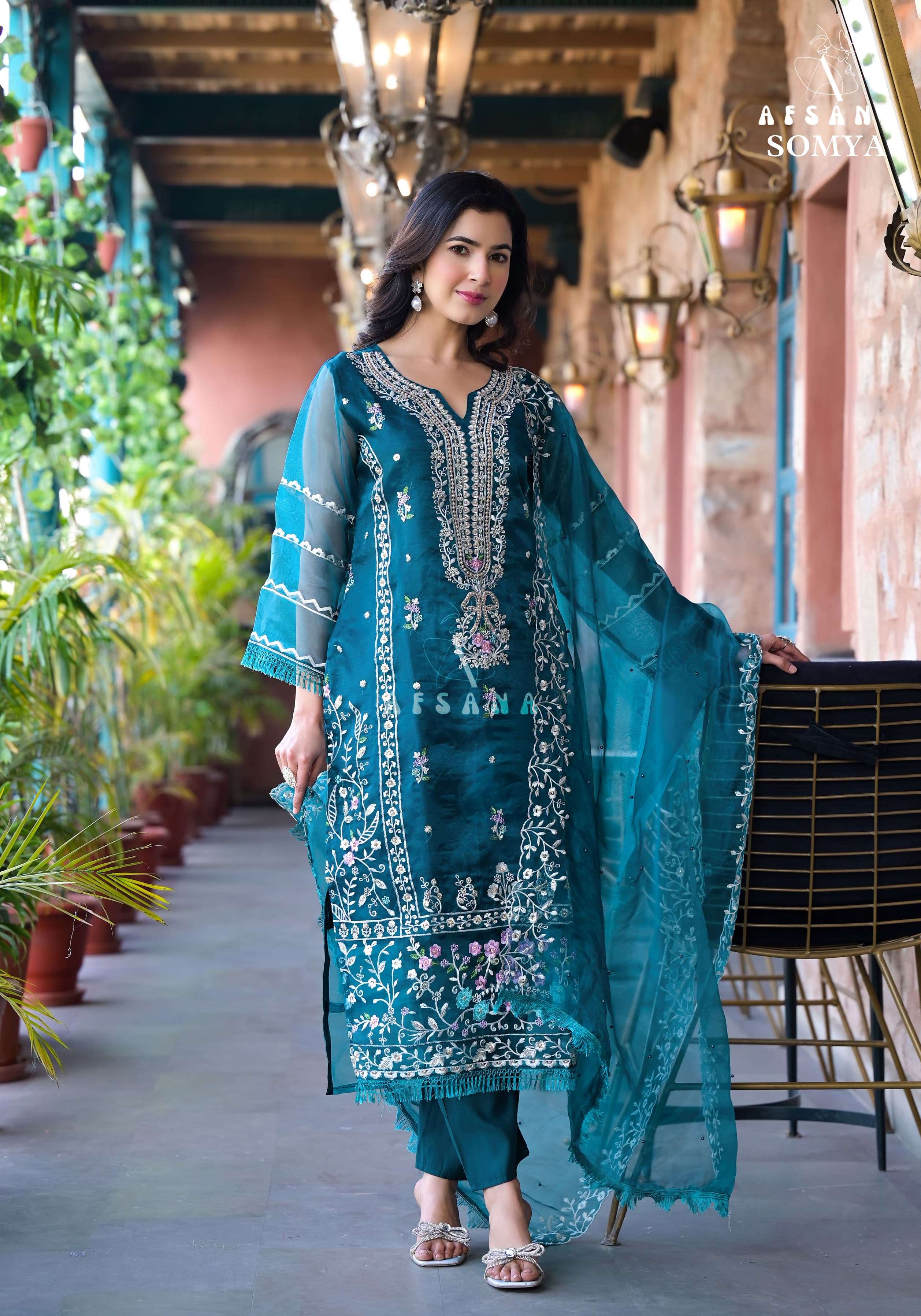 afsana somya exclusive embroidery look top bottom with dupatta size set