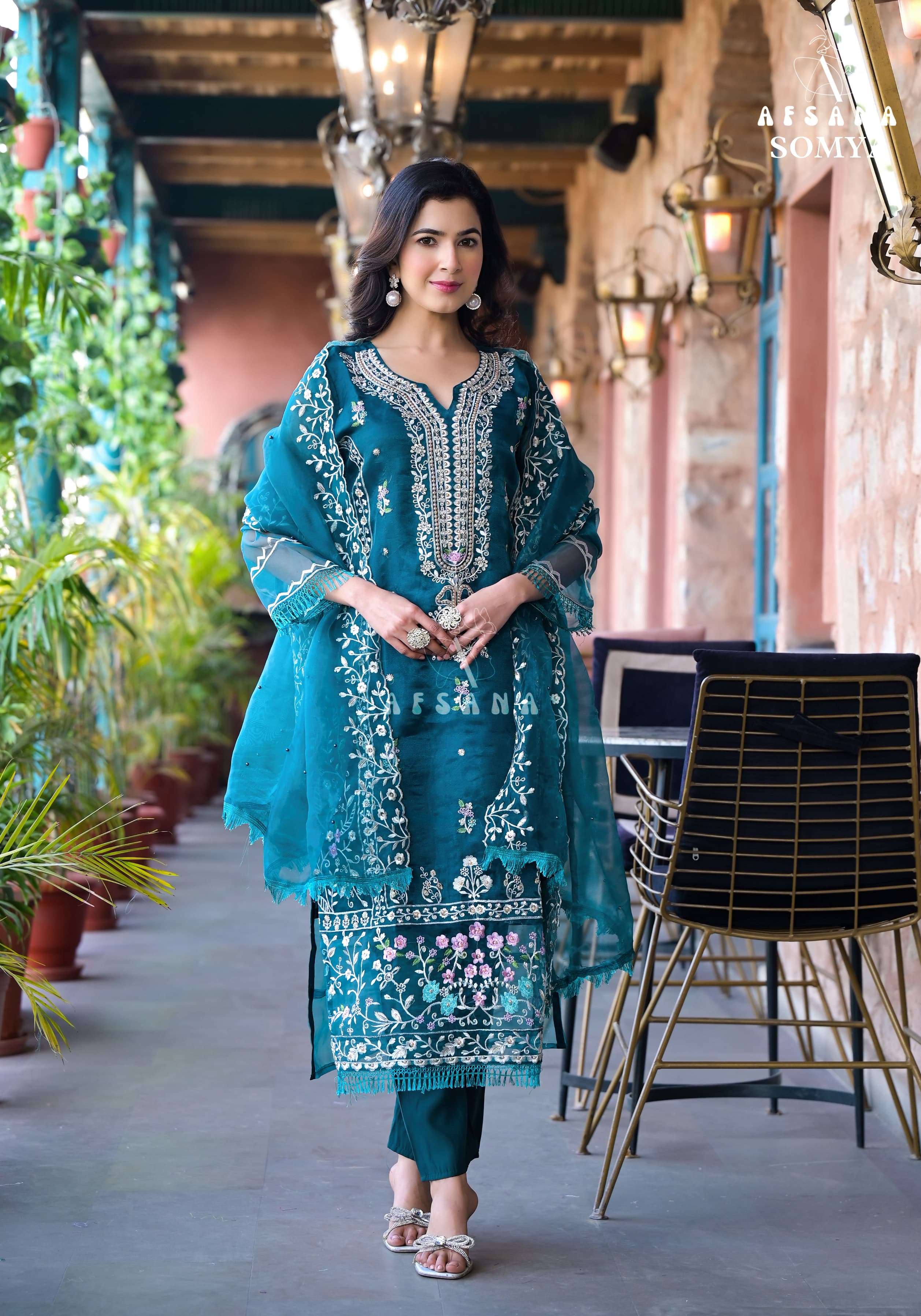 afsana somya exclusive embroidery look top bottom with dupatta size set