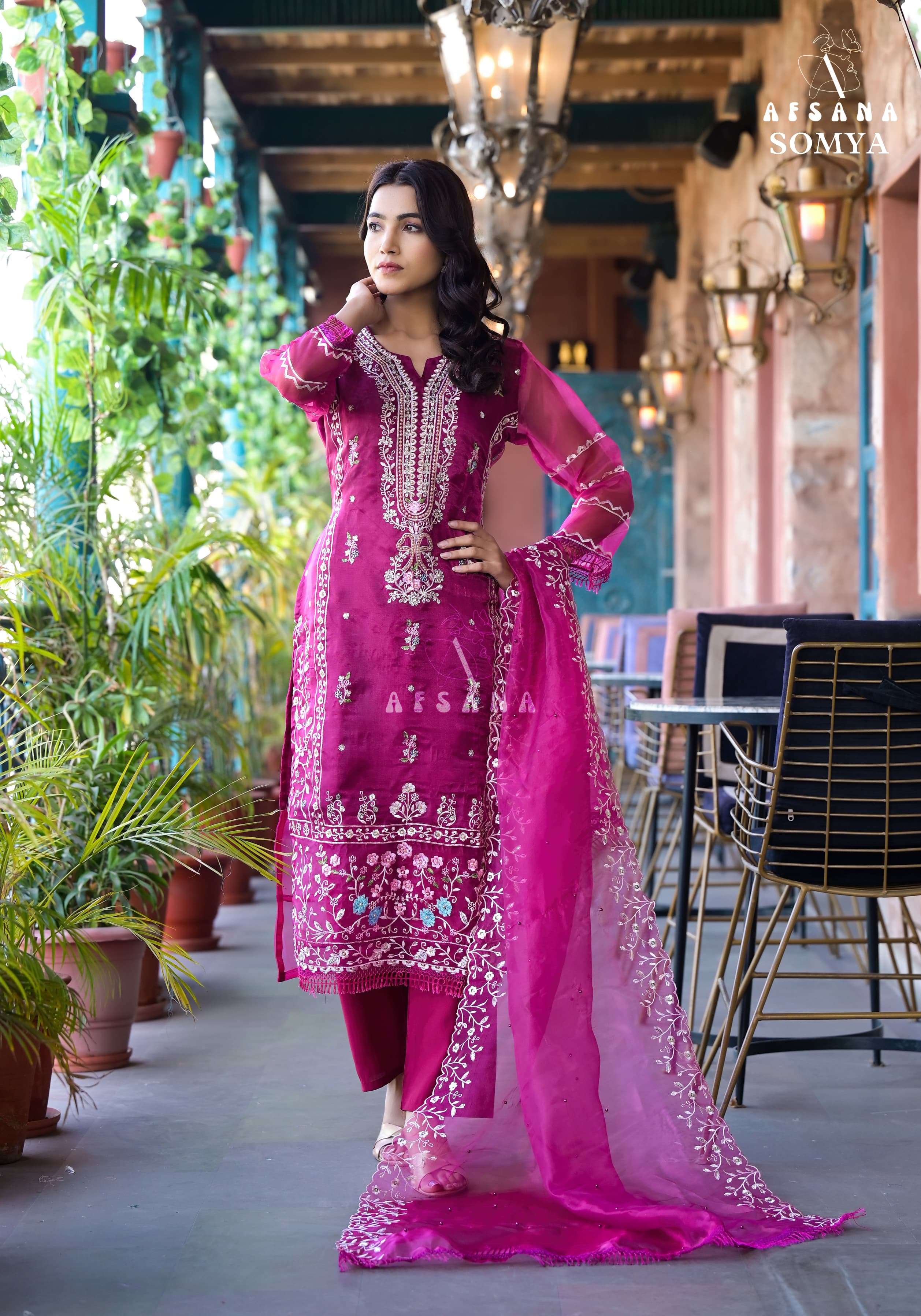 afsana somya exclusive embroidery look top bottom with dupatta size set