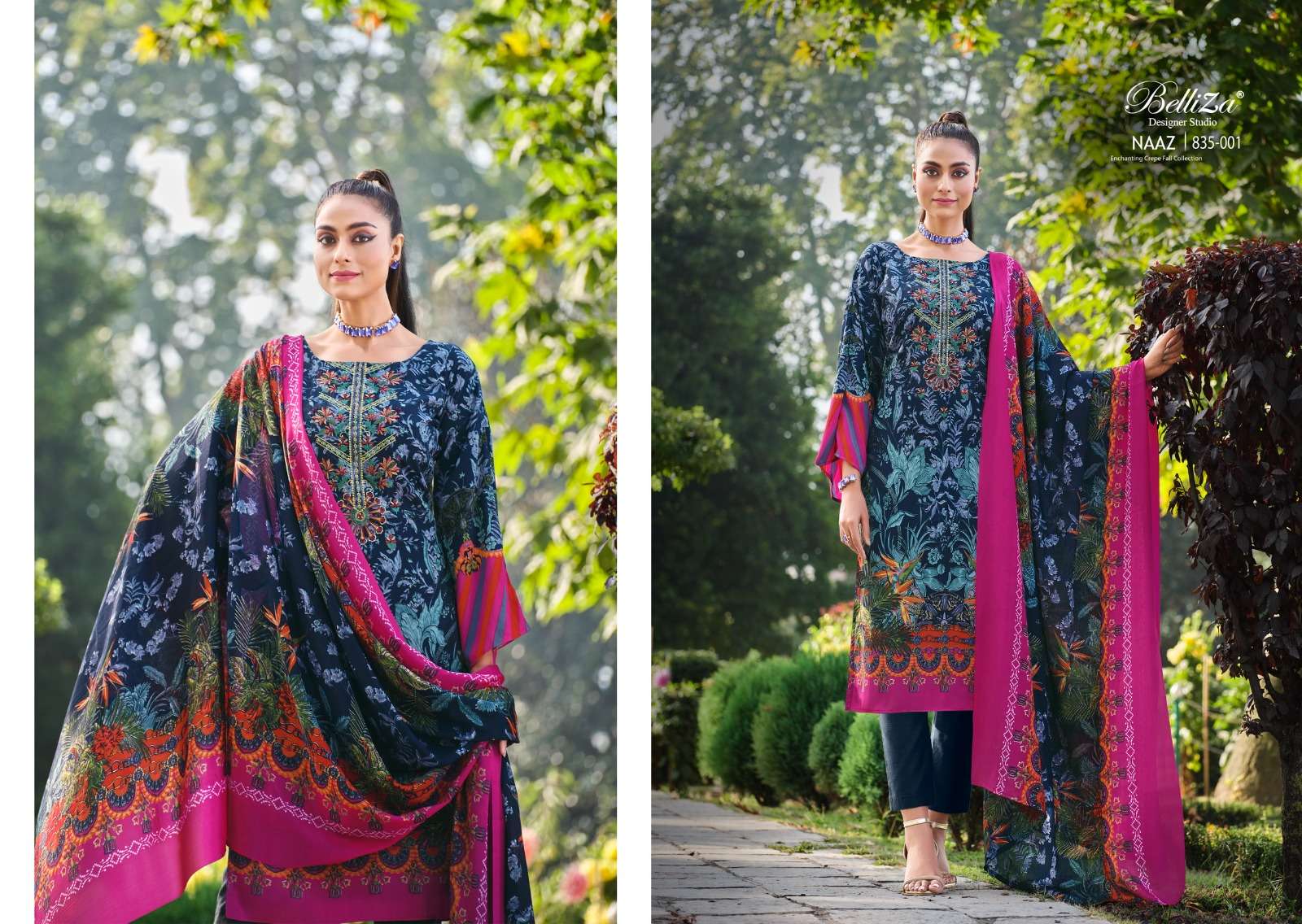 belliza designer studio naaz pure crape ecxlusive print salwar suit catalog