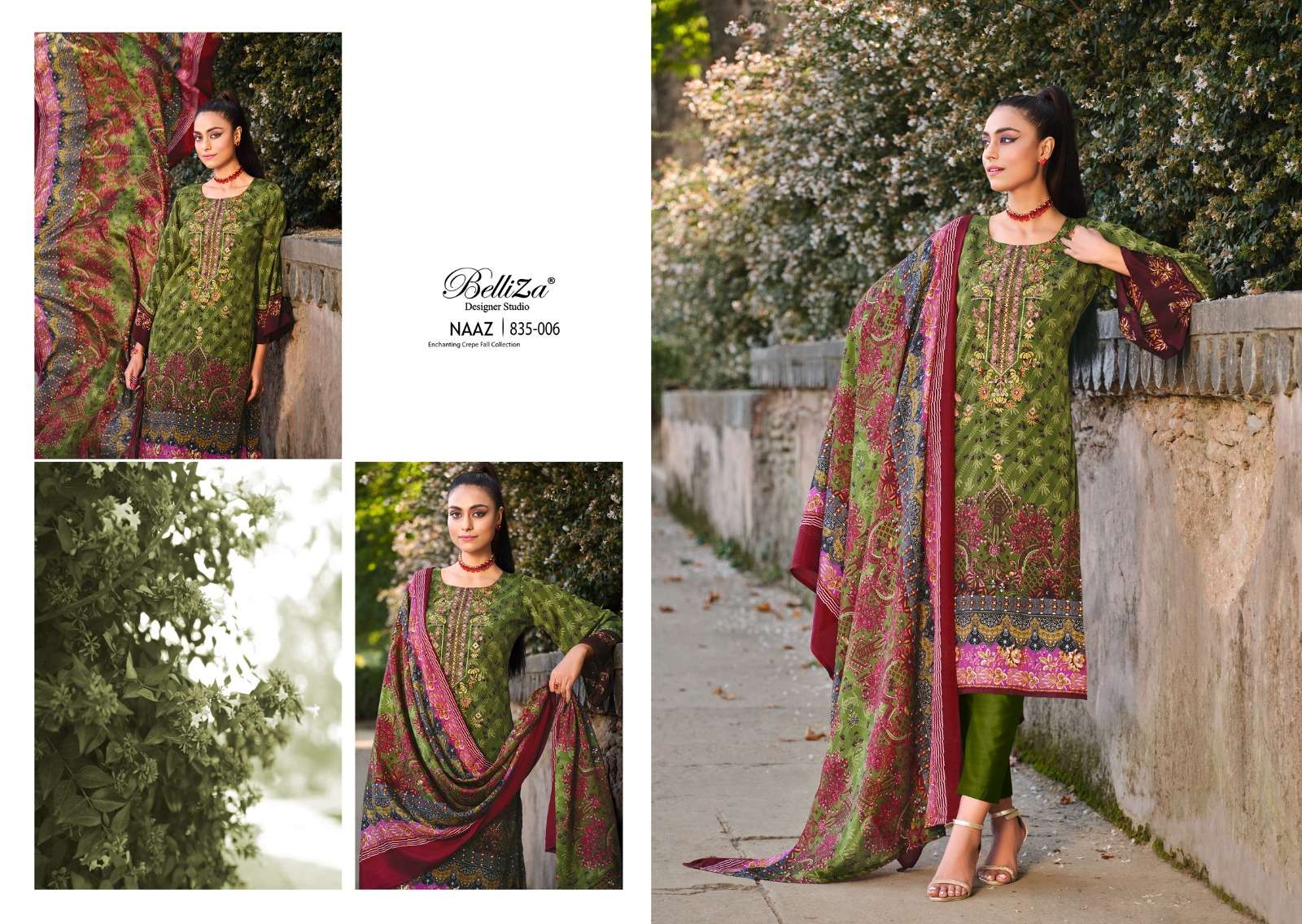 belliza designer studio naaz pure crape ecxlusive print salwar suit catalog