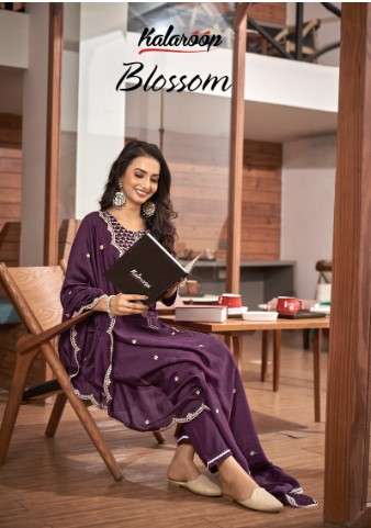 kalaroop by kajree blossom rayon decent embroidery look top bottm with dupatta catalog