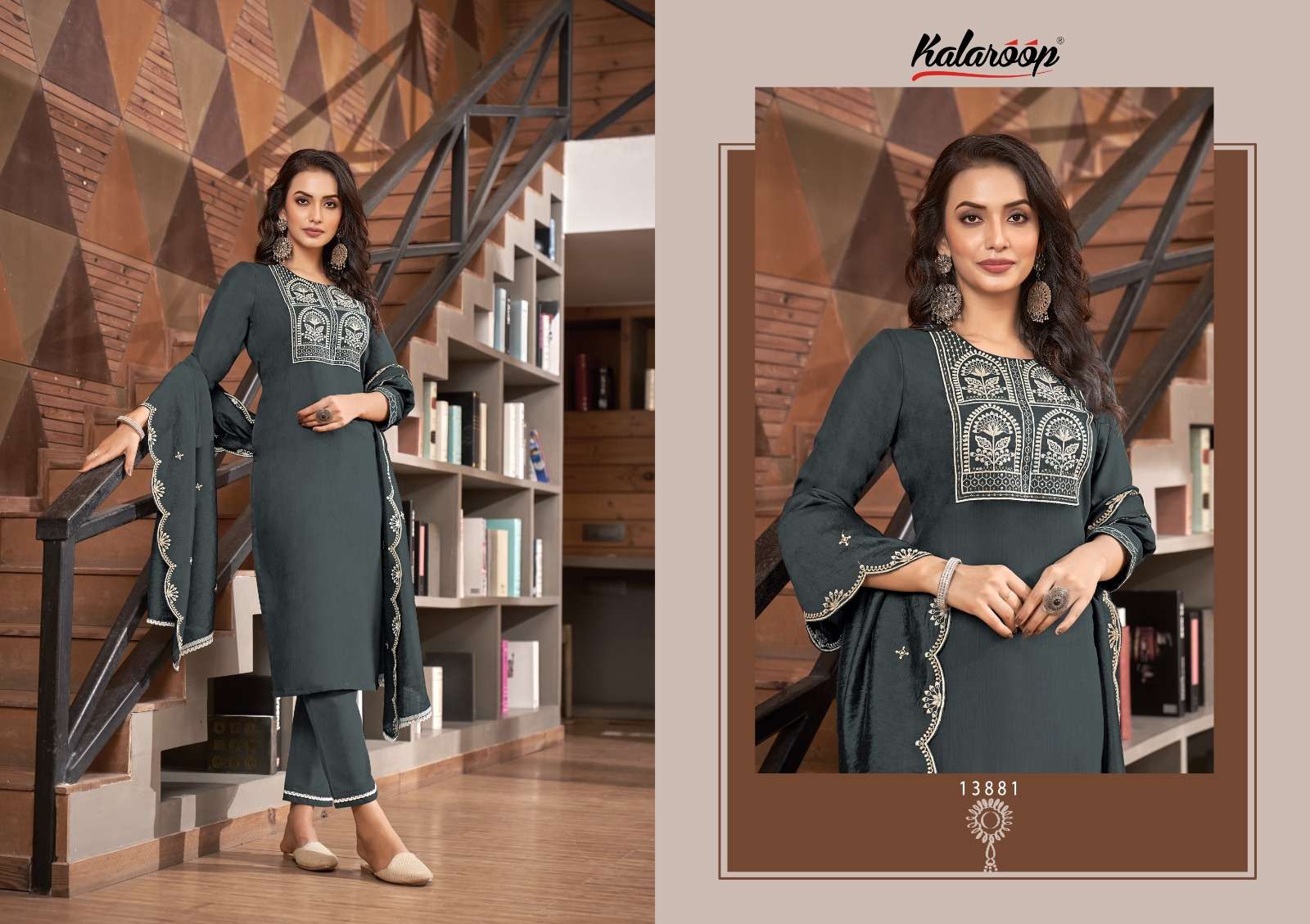 kalaroop by kajree blossom rayon decent embroidery look top bottm with dupatta catalog