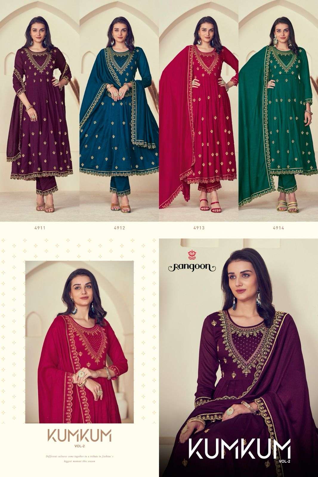 rangoon kumkum vol 2  silk decent embroidery look top bottom with dupatta catalog