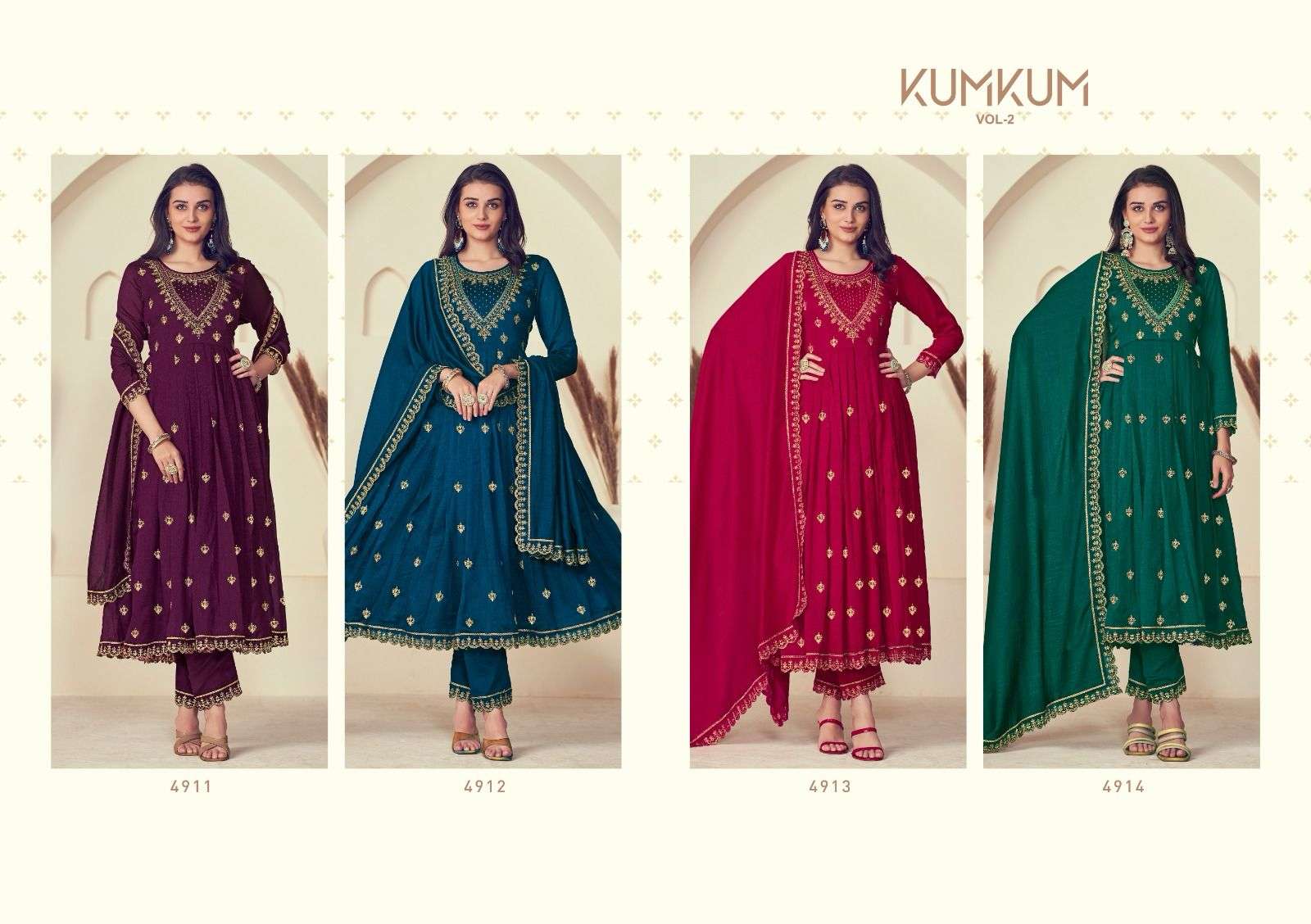 rangoon kumkum vol 2  silk decent embroidery look top bottom with dupatta catalog