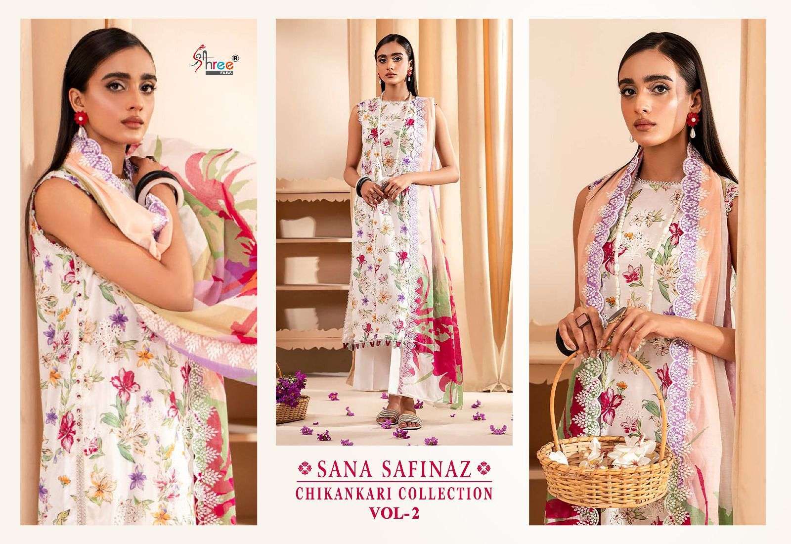 shree fabs cotton sana safinaz chikankari collection vol 2 catchy look siffon dupatta catalog