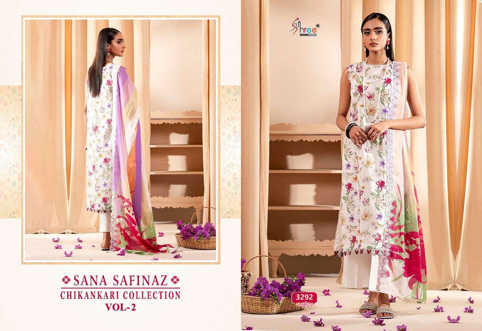 shree fabs cotton sana safinaz chikankari collection vol 2 catchy look siffon dupatta catalog