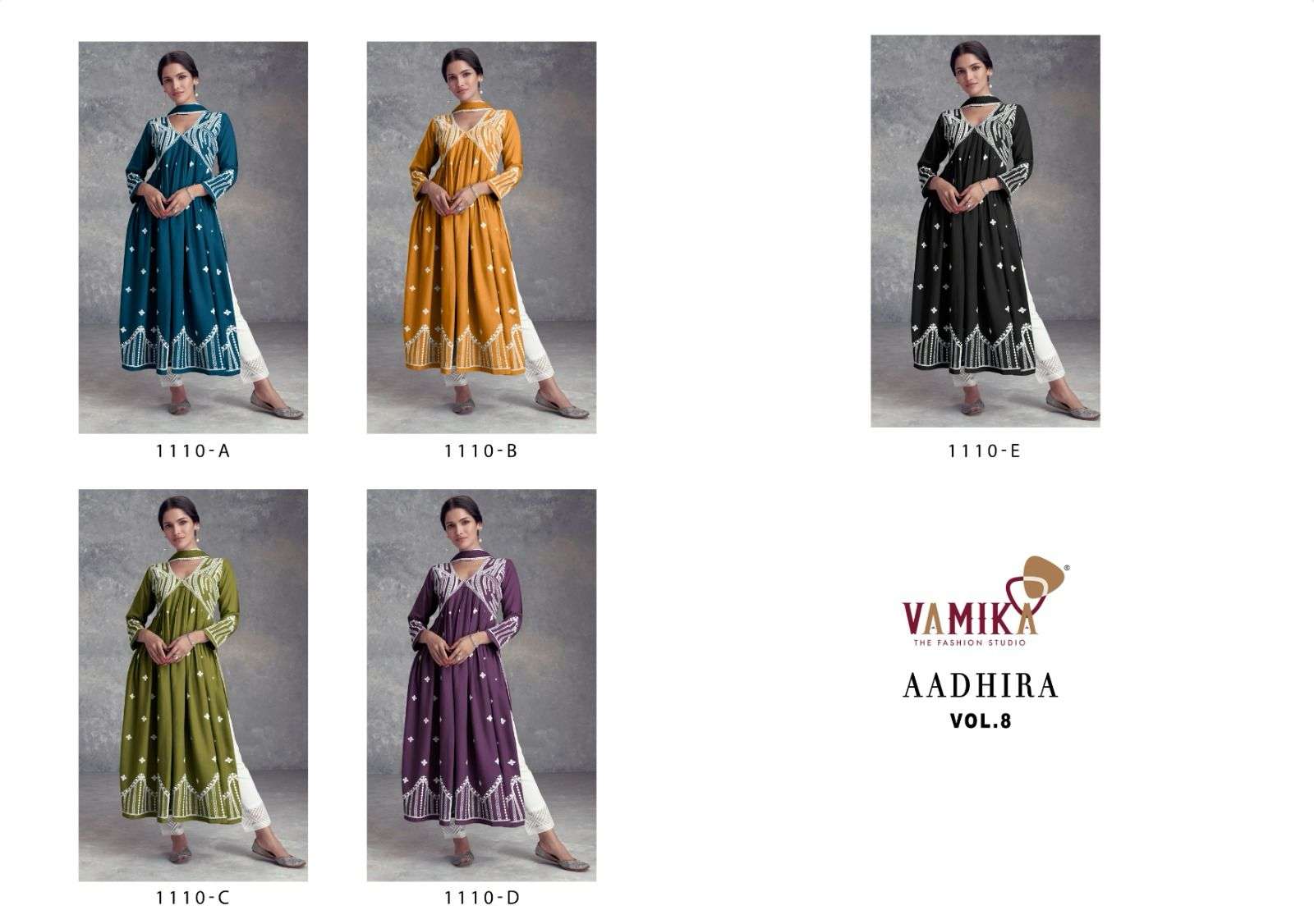 vamika aadhira vol 8 D No 1110A To 1110E reyon viscose attrective look top pant with dupatta catalog