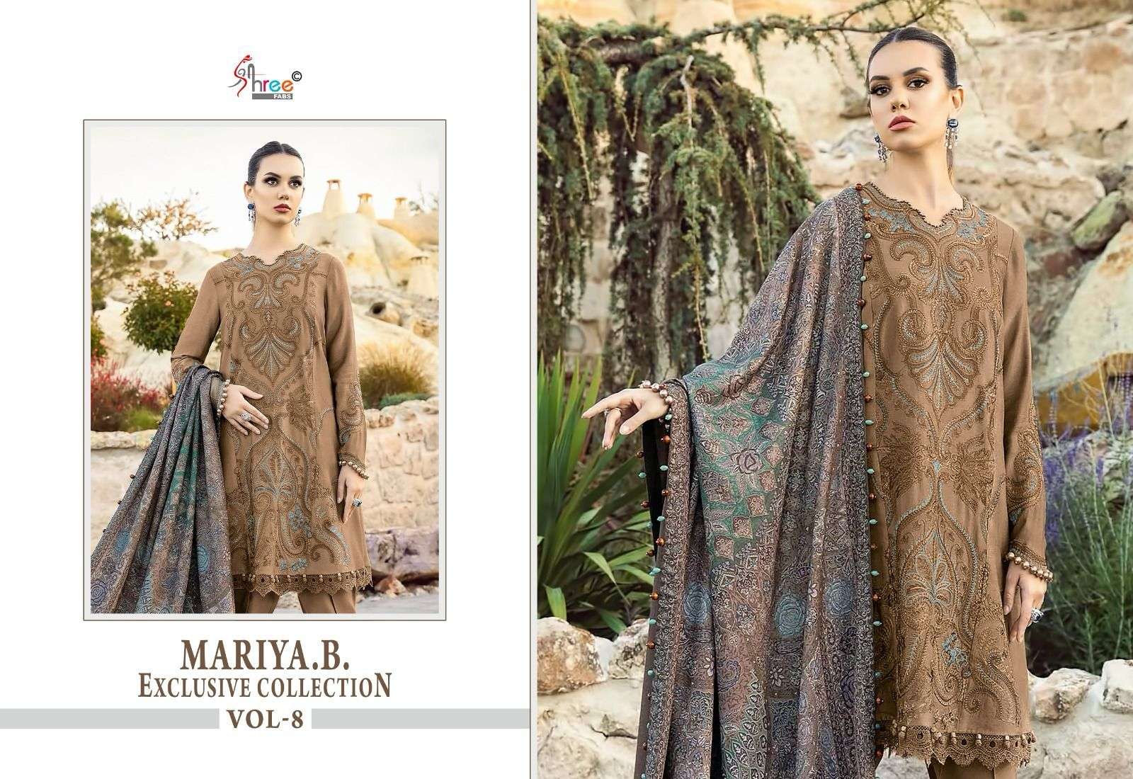 shree fabs maria b exclusive collection vol 8 rayon attrective look salwar suit with silver duaptta catalog