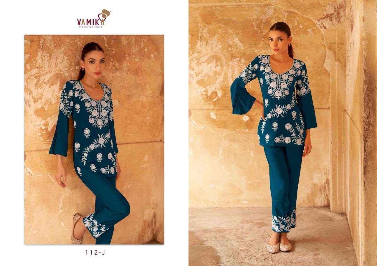 vamika veronica vol 3 gold  D NO 112f To 112j  reyon  elegant top pant code set catalog