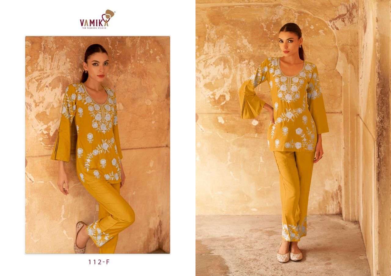 vamika veronica vol 3 gold  D NO 112f To 112j  reyon  elegant top pant code set catalog