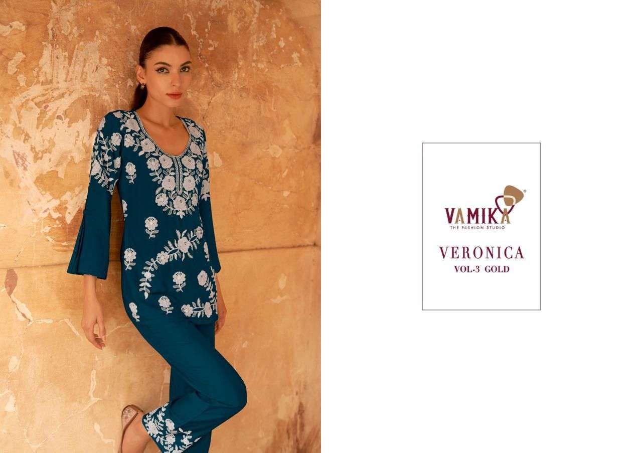 vamika veronica vol 3 gold  D NO 112f To 112j  reyon  elegant top pant code set catalog