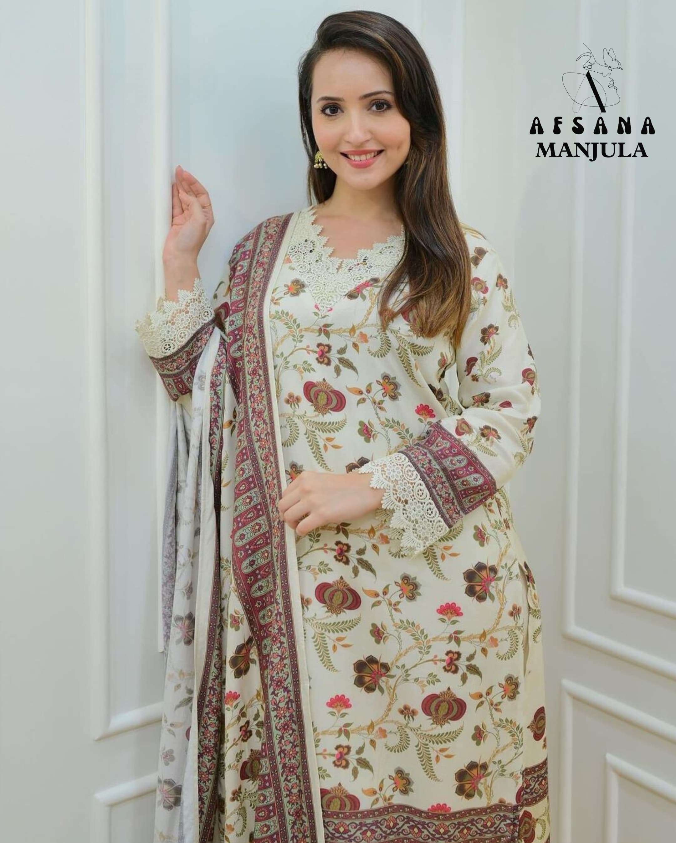 afsana manjula m prints 2016 muslin decent look top bootm with dupatta siz set