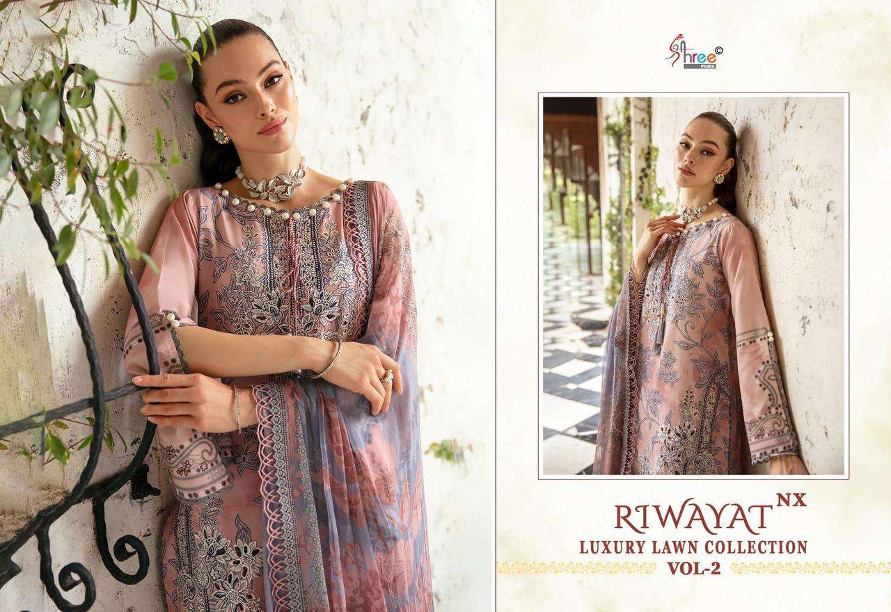 shree fabs riwayat luxury lawn collection vol 2 nx lown cotto mdecent look salwar suit with shiffon dupatta catalog