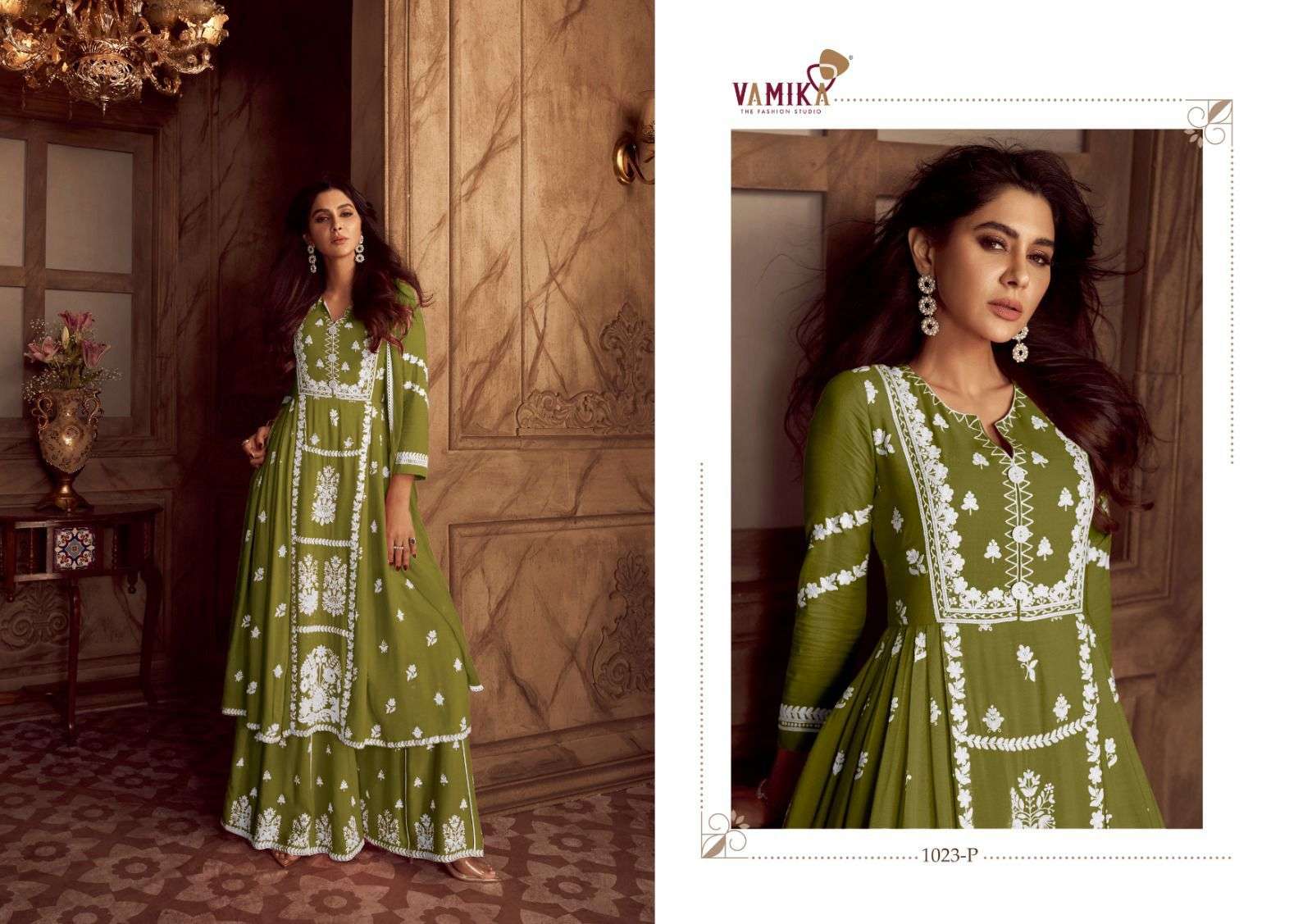 vamika lakhnavi vol 4 dark colour d no 1023 p f to 1023 t  reyon newand modern look top plazo with dupatta catalog