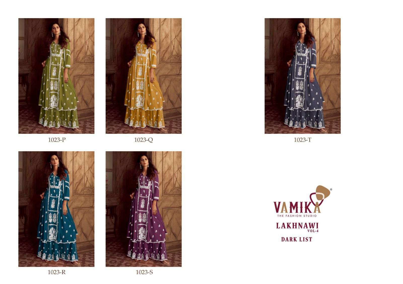 vamika lakhnavi vol 4 dark colour d no 1023 p f to 1023 t  reyon newand modern look top plazo with dupatta catalog