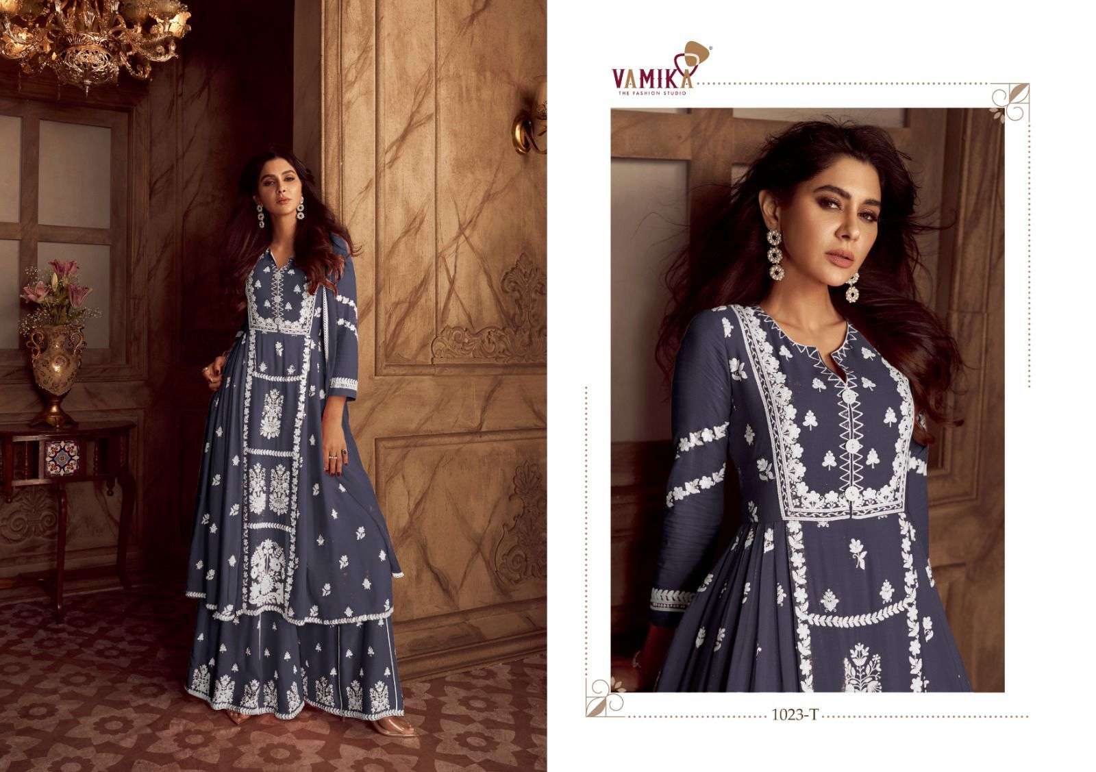 vamika lakhnavi vol 4 dark colour d no 1023 p f to 1023 t  reyon newand modern look top plazo with dupatta catalog