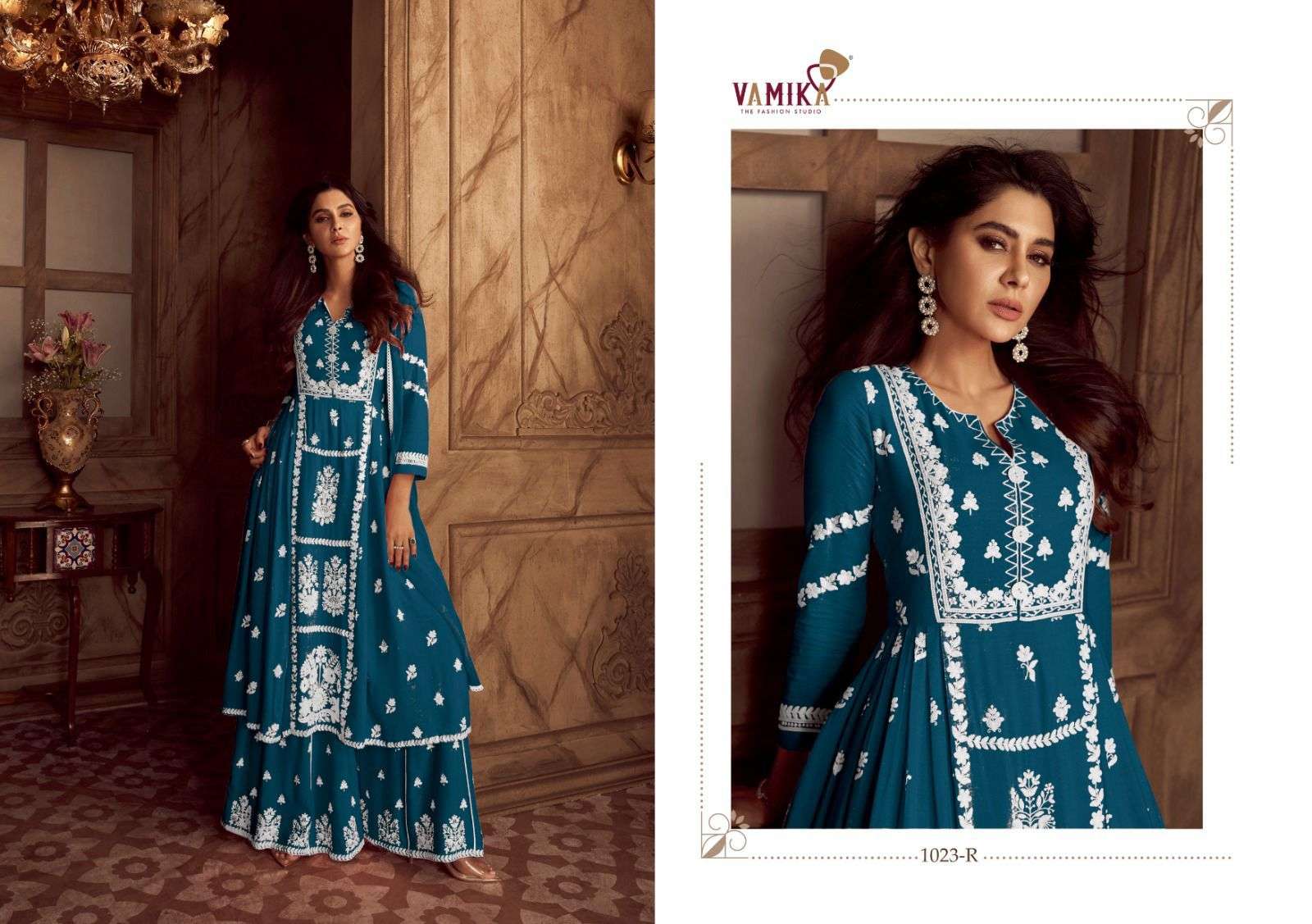 vamika lakhnavi vol 4 dark colour d no 1023 p f to 1023 t  reyon newand modern look top plazo with dupatta catalog