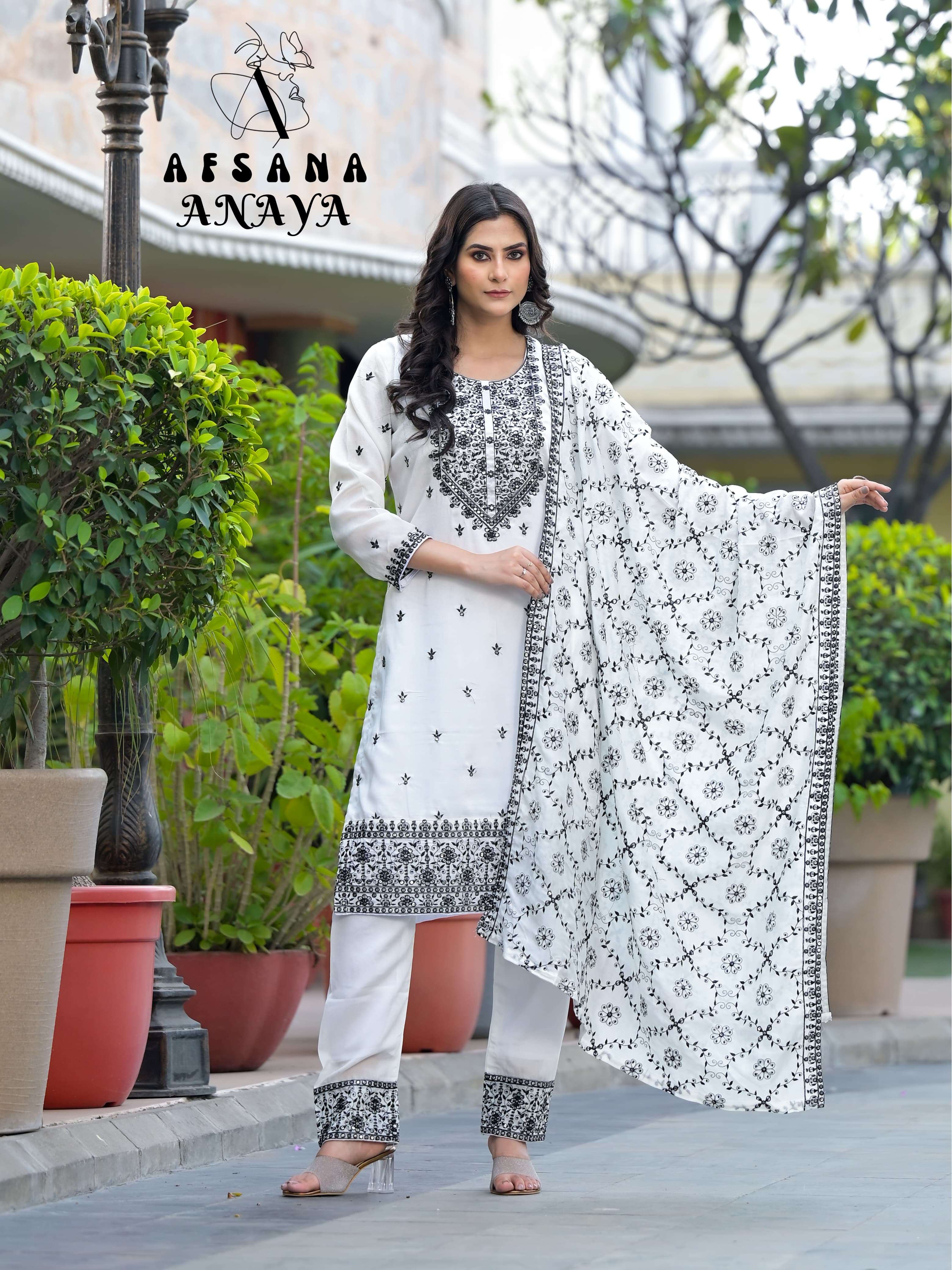 afsana anaya premium silk exclusive embroidery look top bottom with dupatta size set