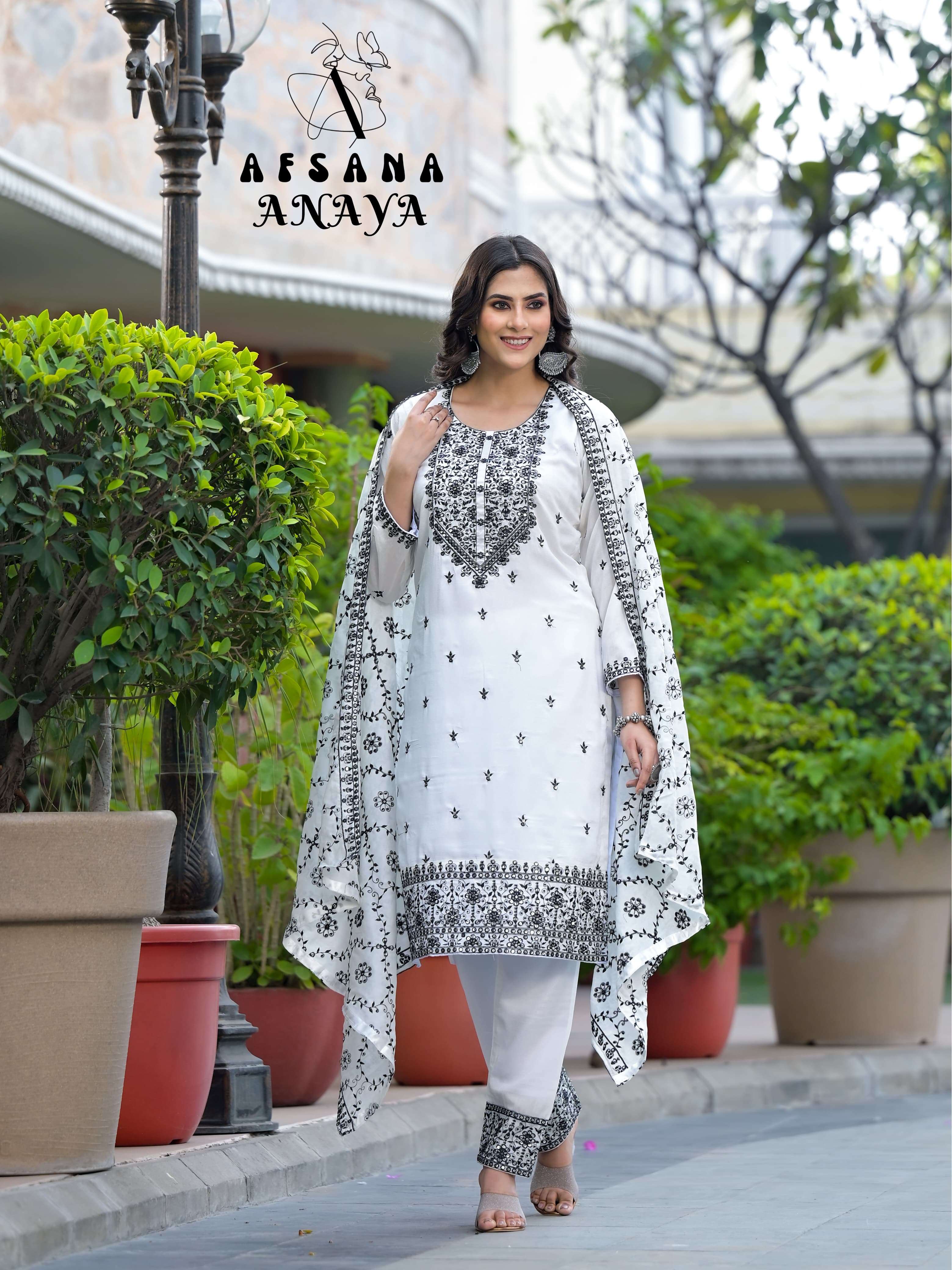 afsana anaya premium silk exclusive embroidery look top bottom with dupatta size set