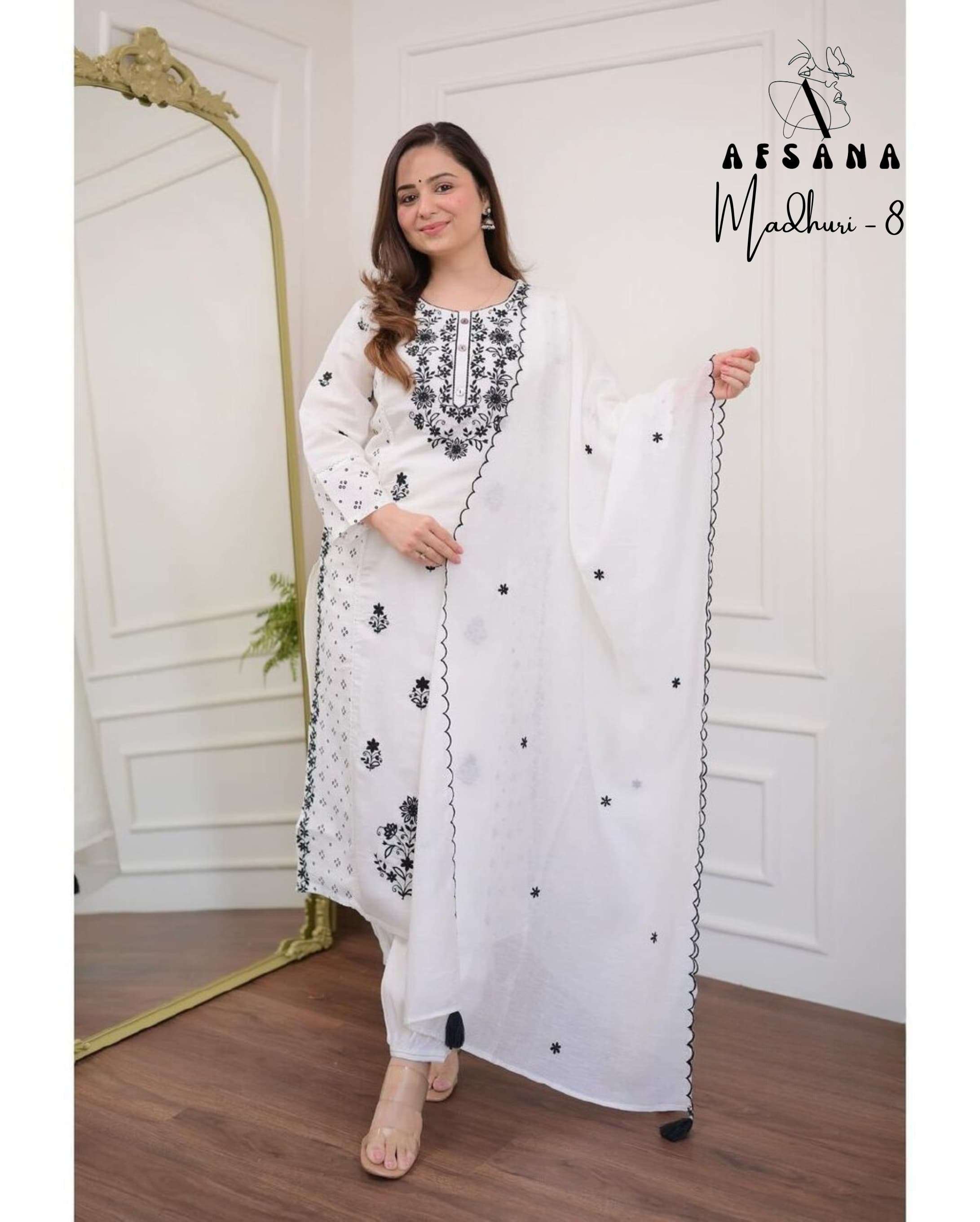 afsana madhuri 8 cotton decent embroidery look top bottom with dupatta size set