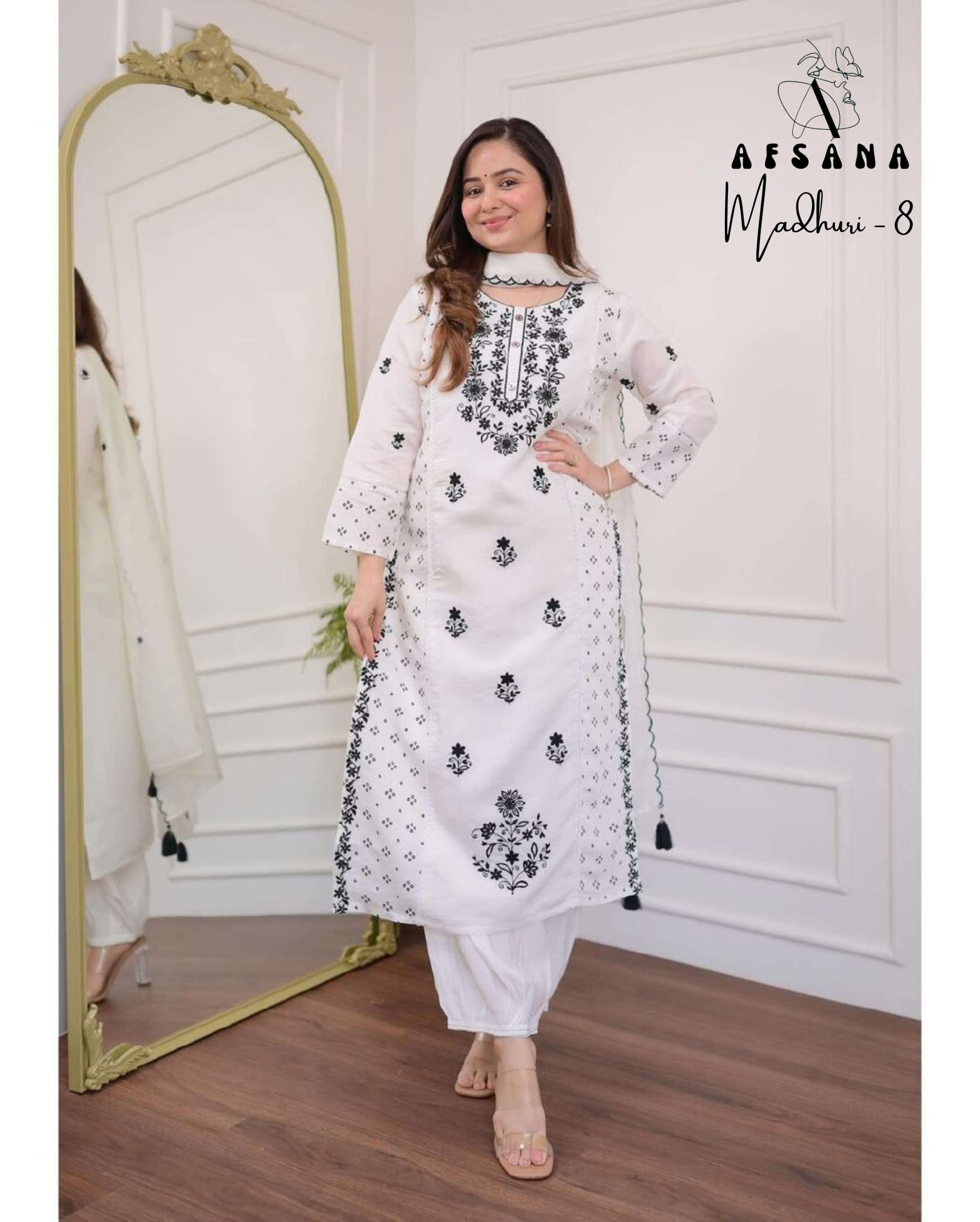 afsana madhuri 8 cotton decent embroidery look top bottom with dupatta size set