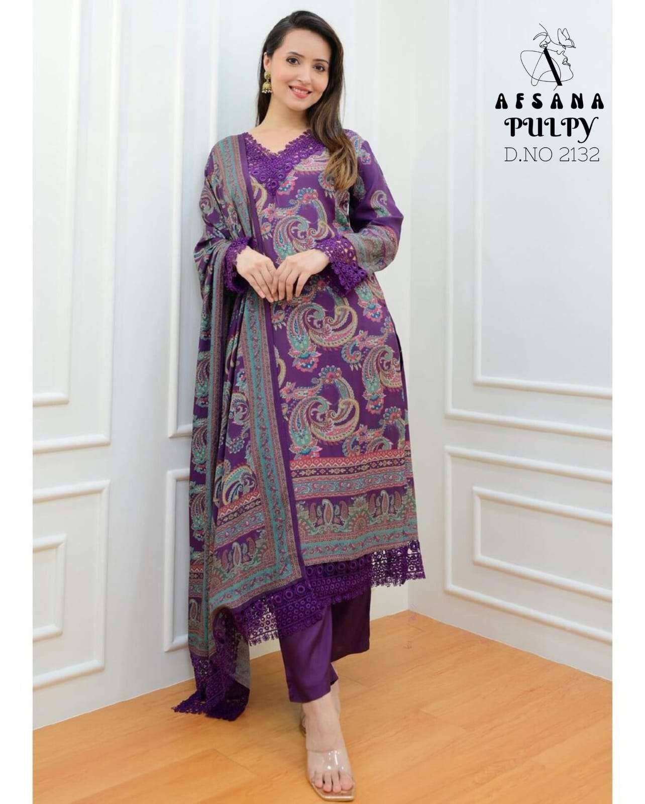 afsana pulpy  d no 2132 muslin decent look top bottom with dupatta size set