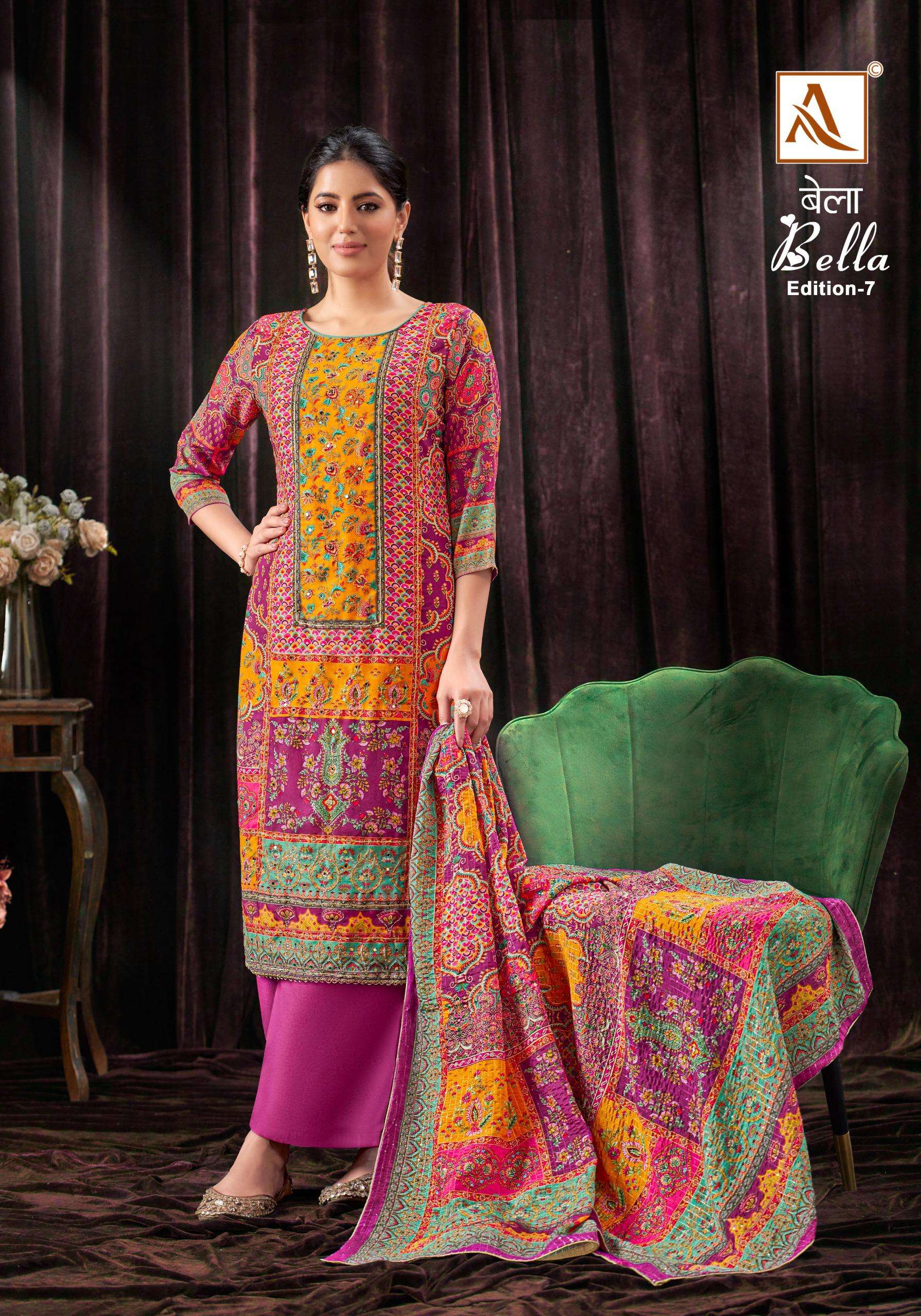 alok suit  bella 7 muslin exclusive print salwar suit catalog