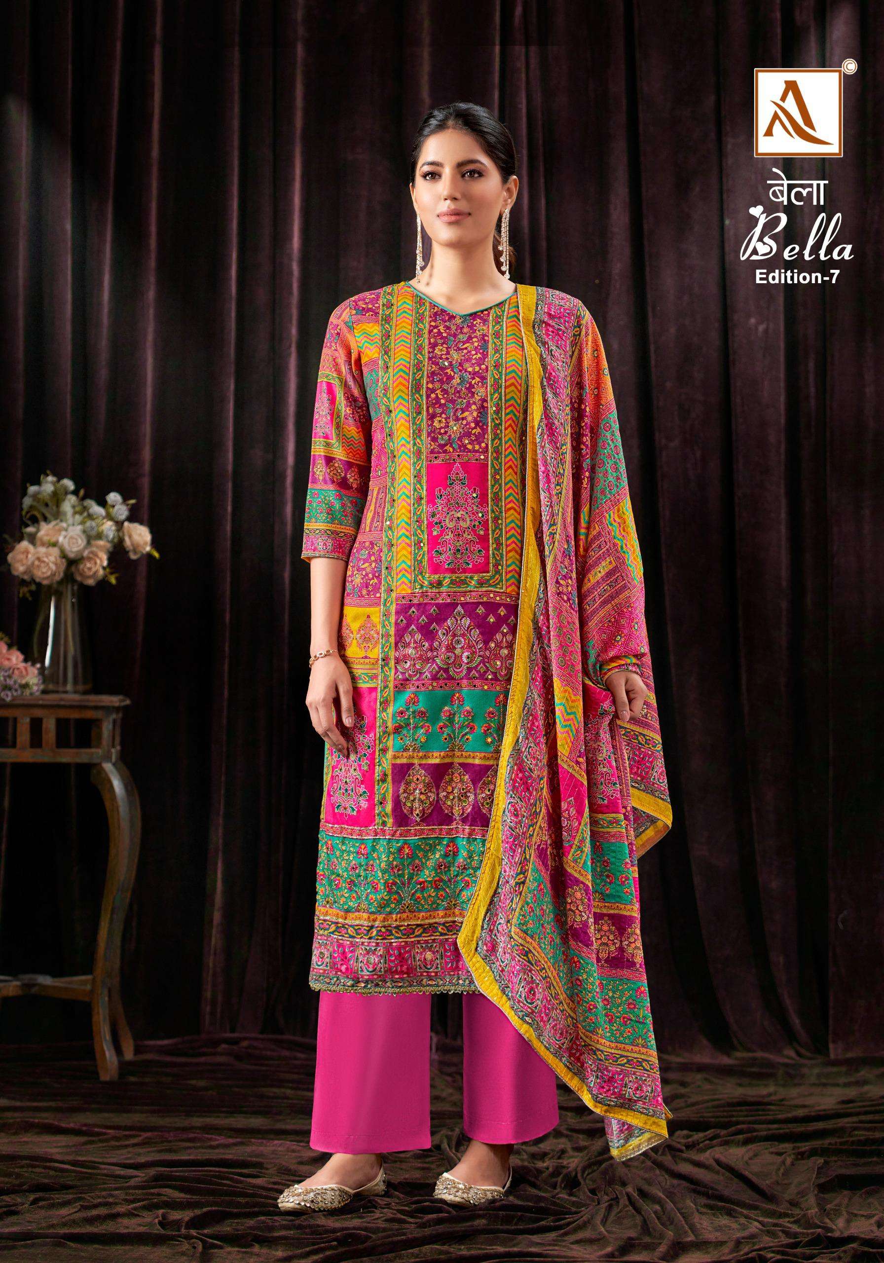 alok suit  bella 7 muslin exclusive print salwar suit catalog