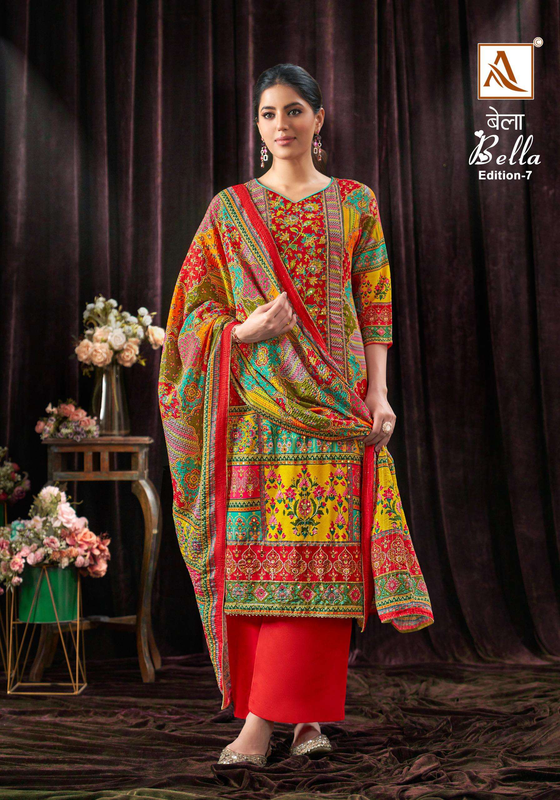 alok suit  bella 7 muslin exclusive print salwar suit catalog