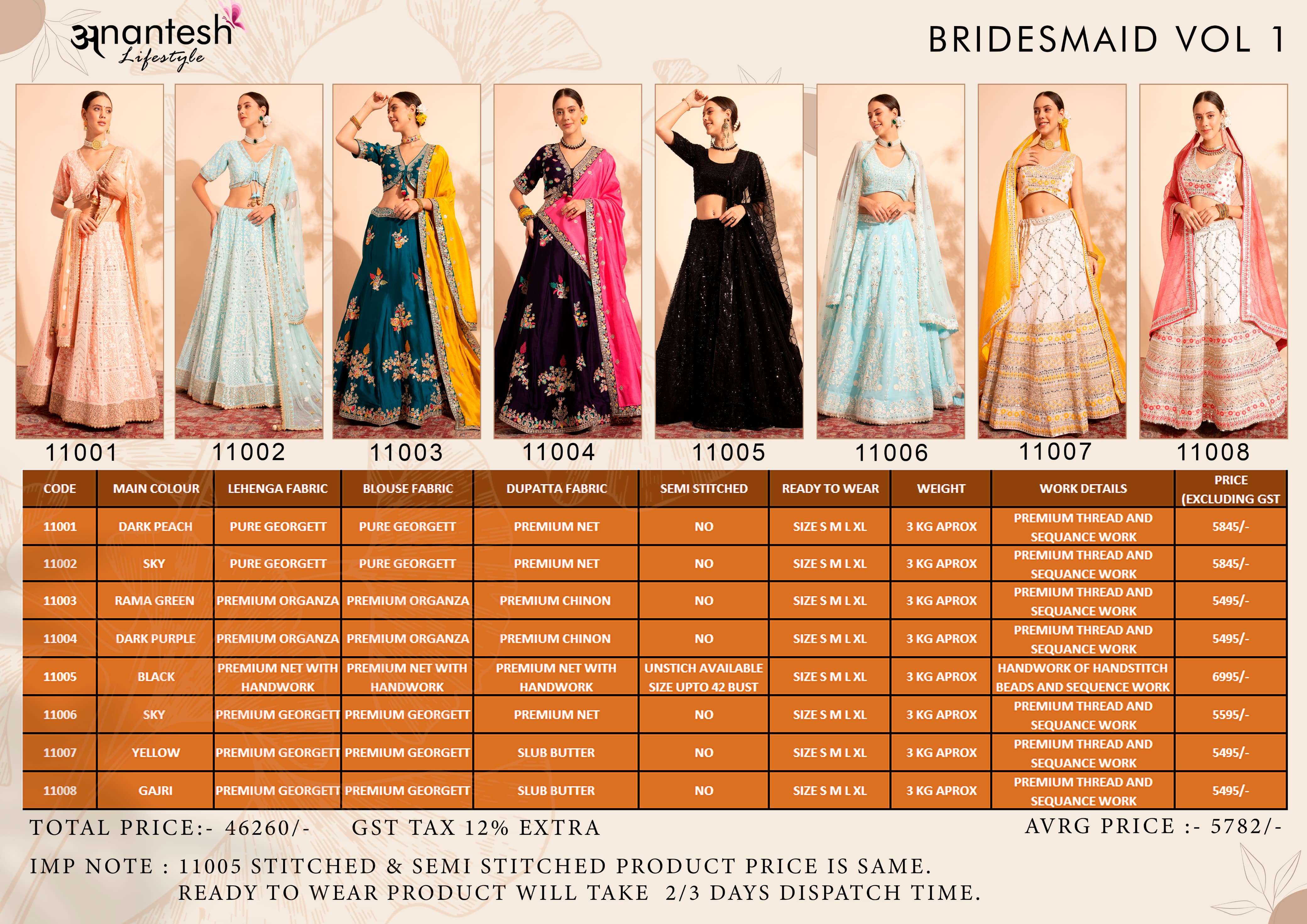 antesh life style bridesmaid vol 1 d no 11001 to 11008 fancy festive look lehenga  catalog