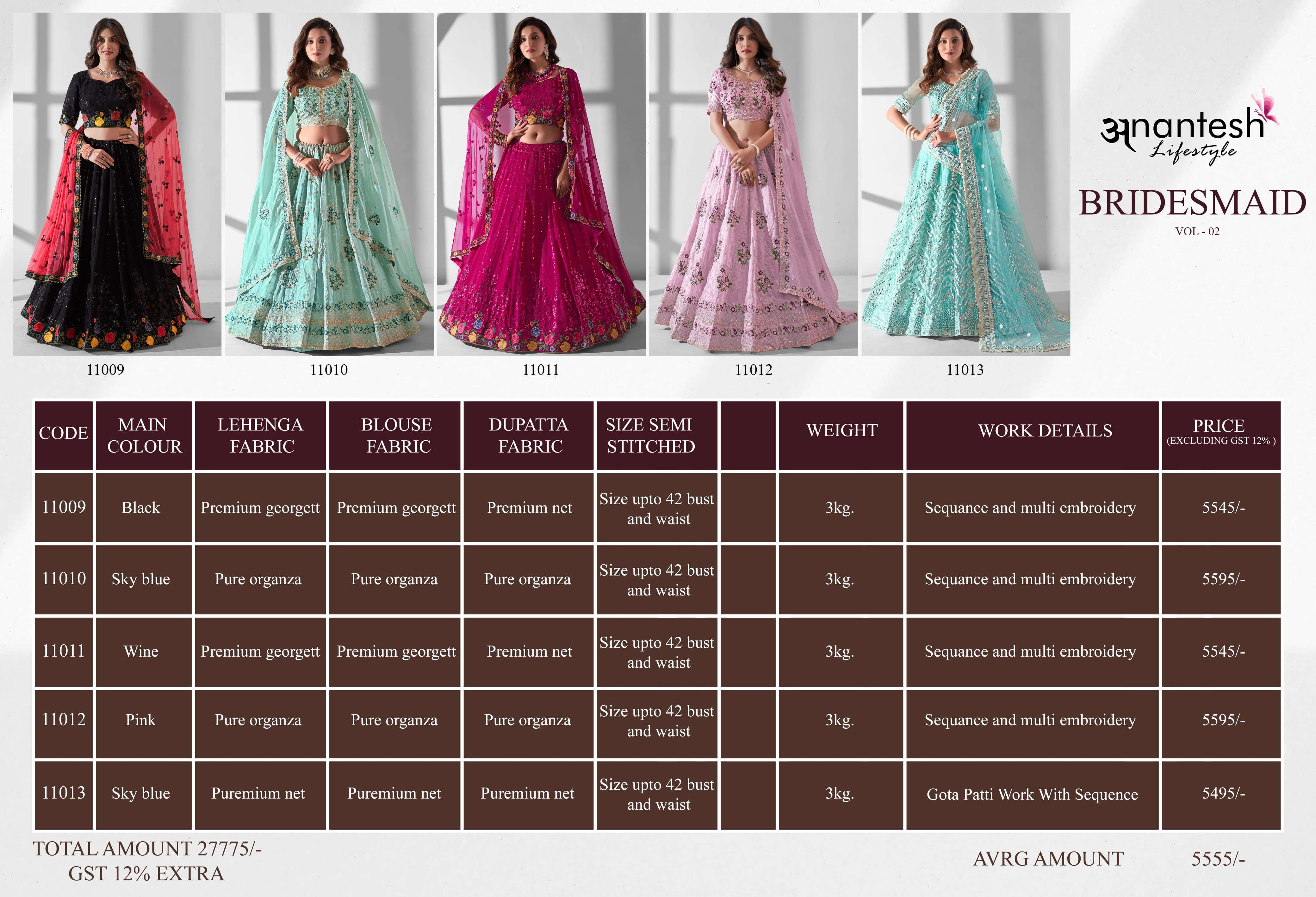 antesh life style bridesmaid vol 2 d no 11009 to 110013 fancy festive look lehenga  catalog