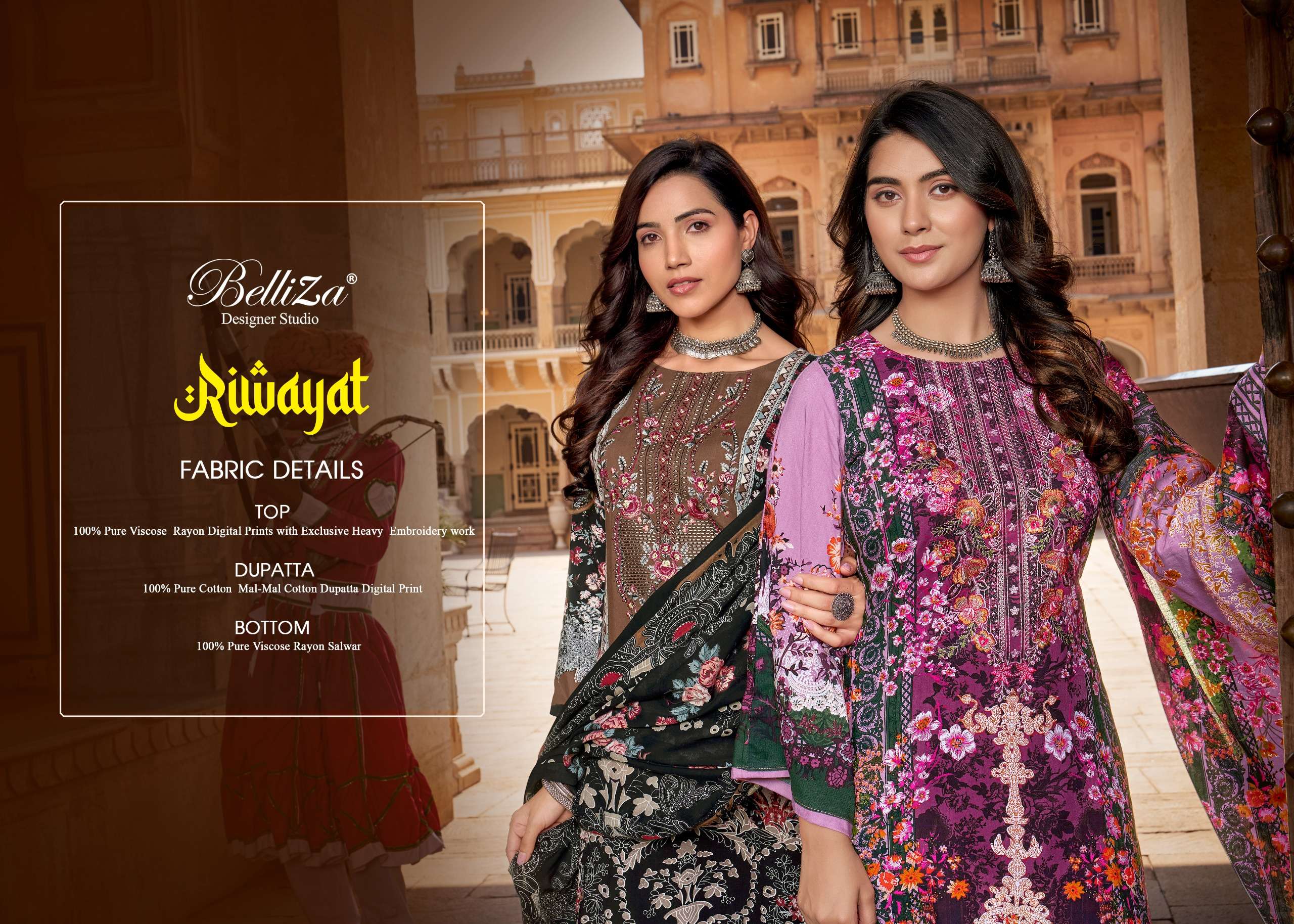 belliza designer studio riwayat viscose rayon exclusive print salwar suit catalog