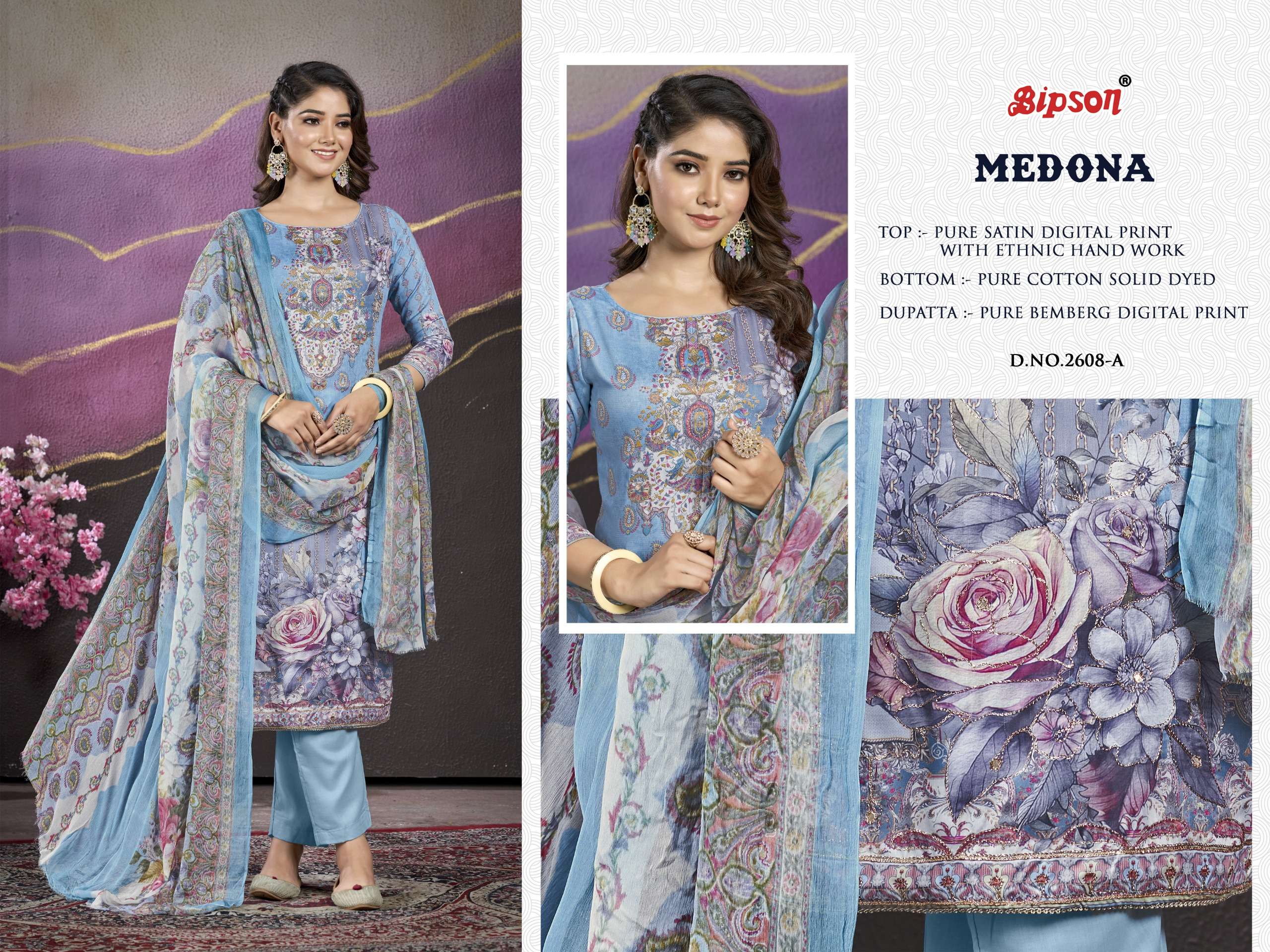 bipson medona 2608 satin regal look salwar suit catalog