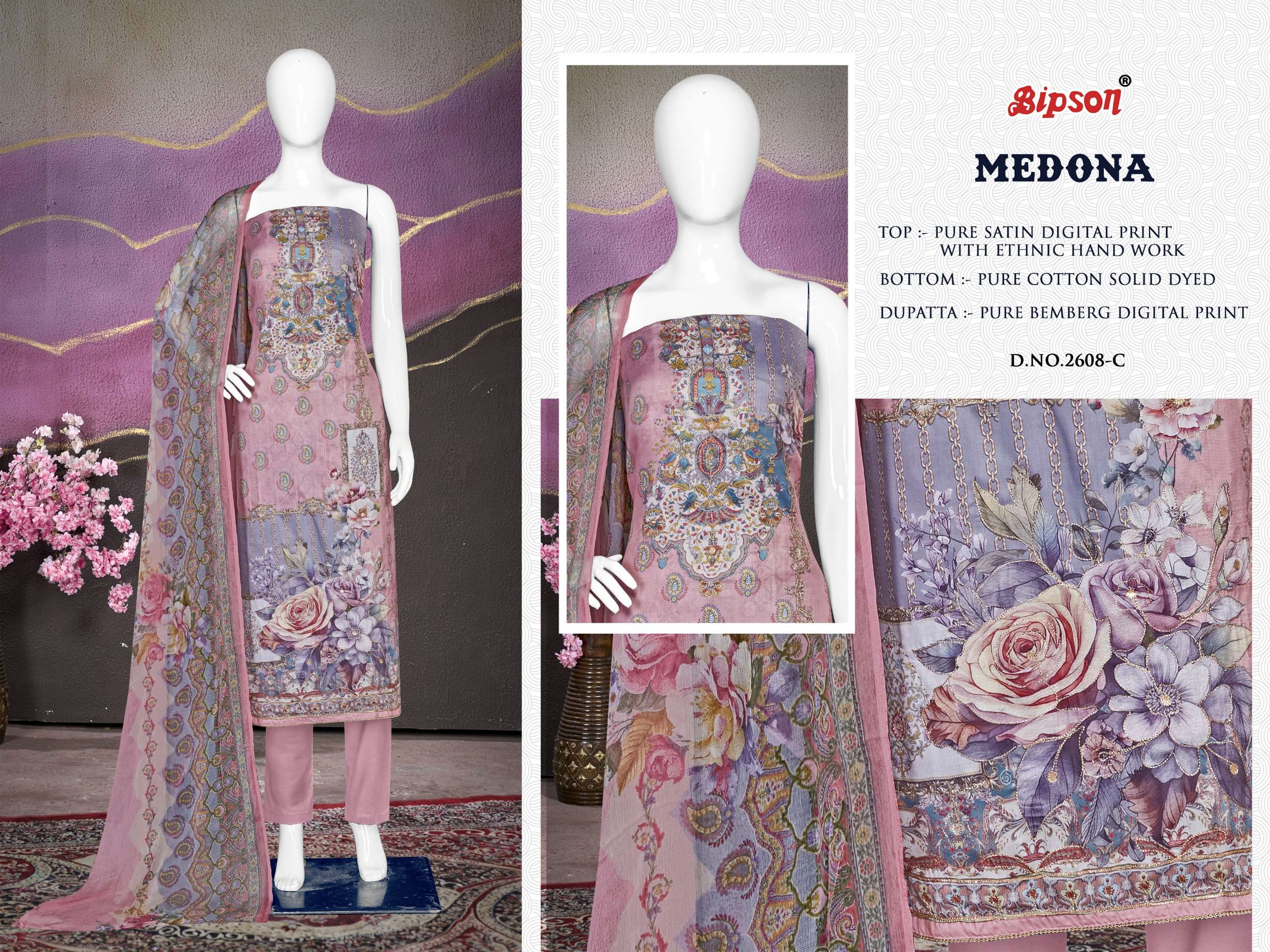 bipson medona 2608 satin regal look salwar suit catalog