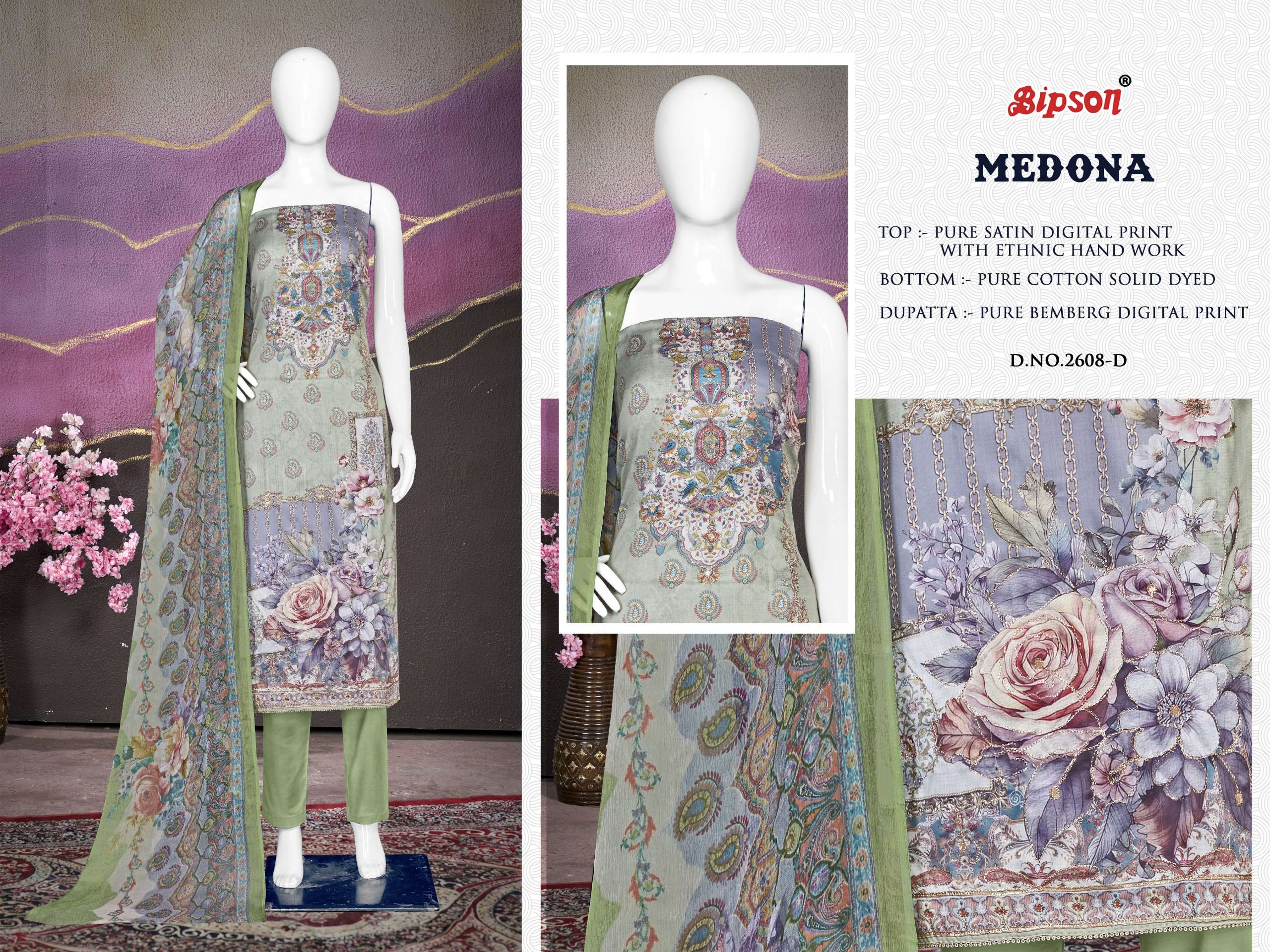 bipson medona 2608 satin regal look salwar suit catalog