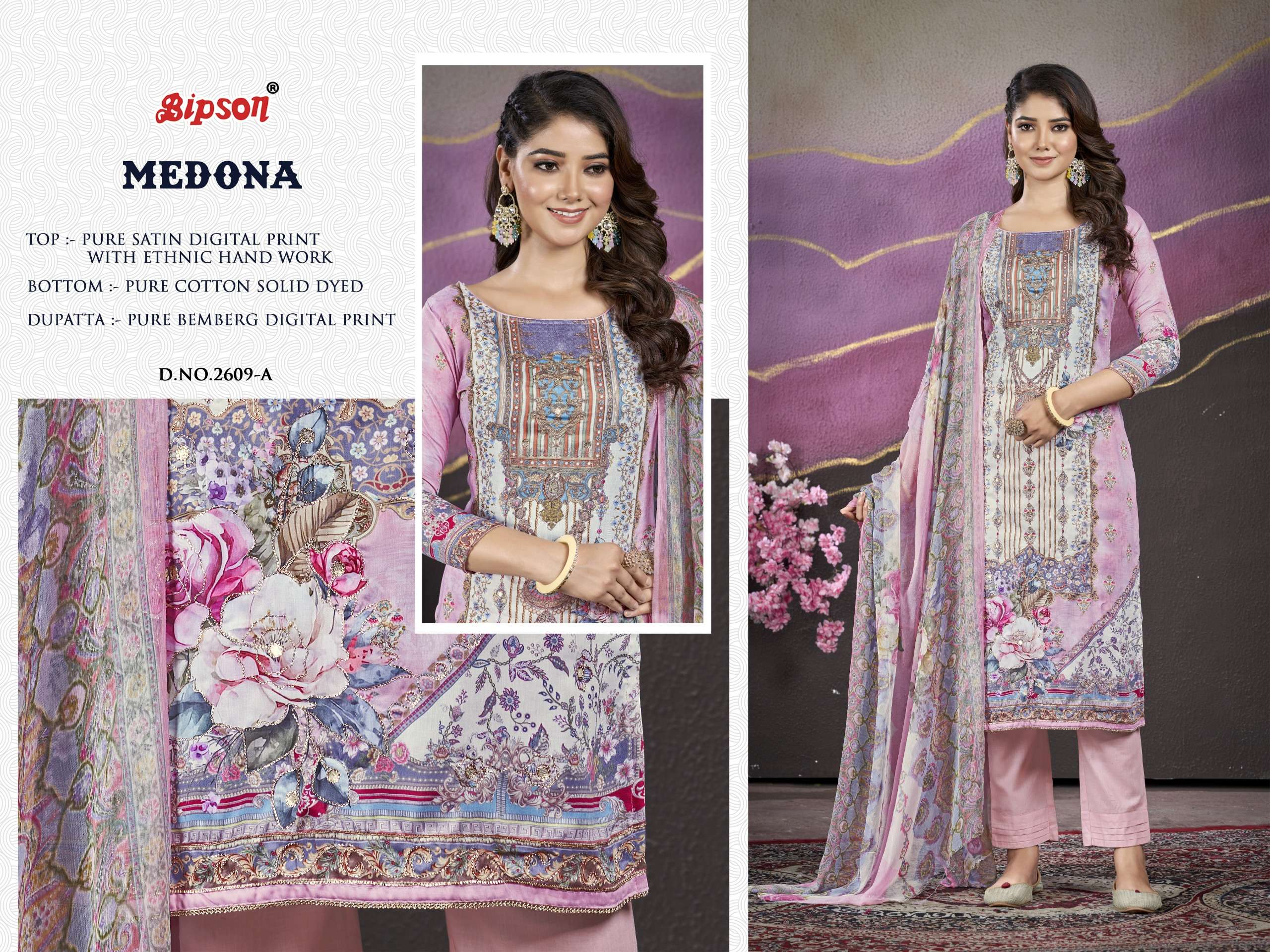 bipson medona 2609 satin ecxlusive print salwar suit catalog