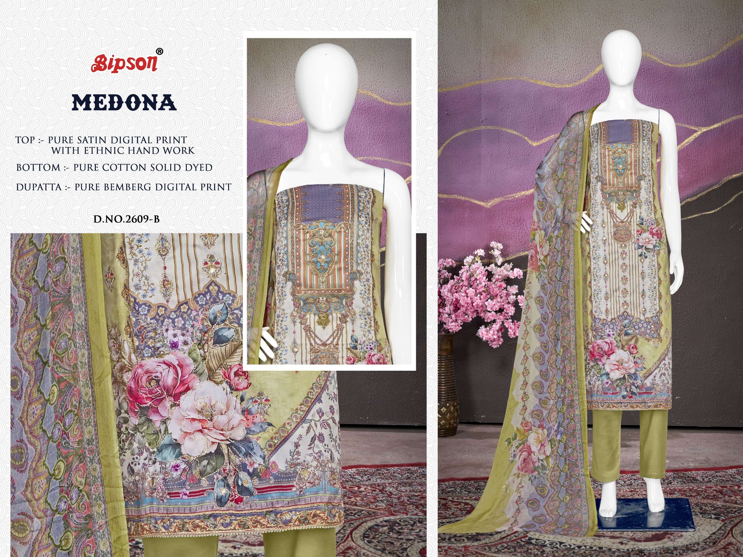 bipson medona 2609 satin ecxlusive print salwar suit catalog