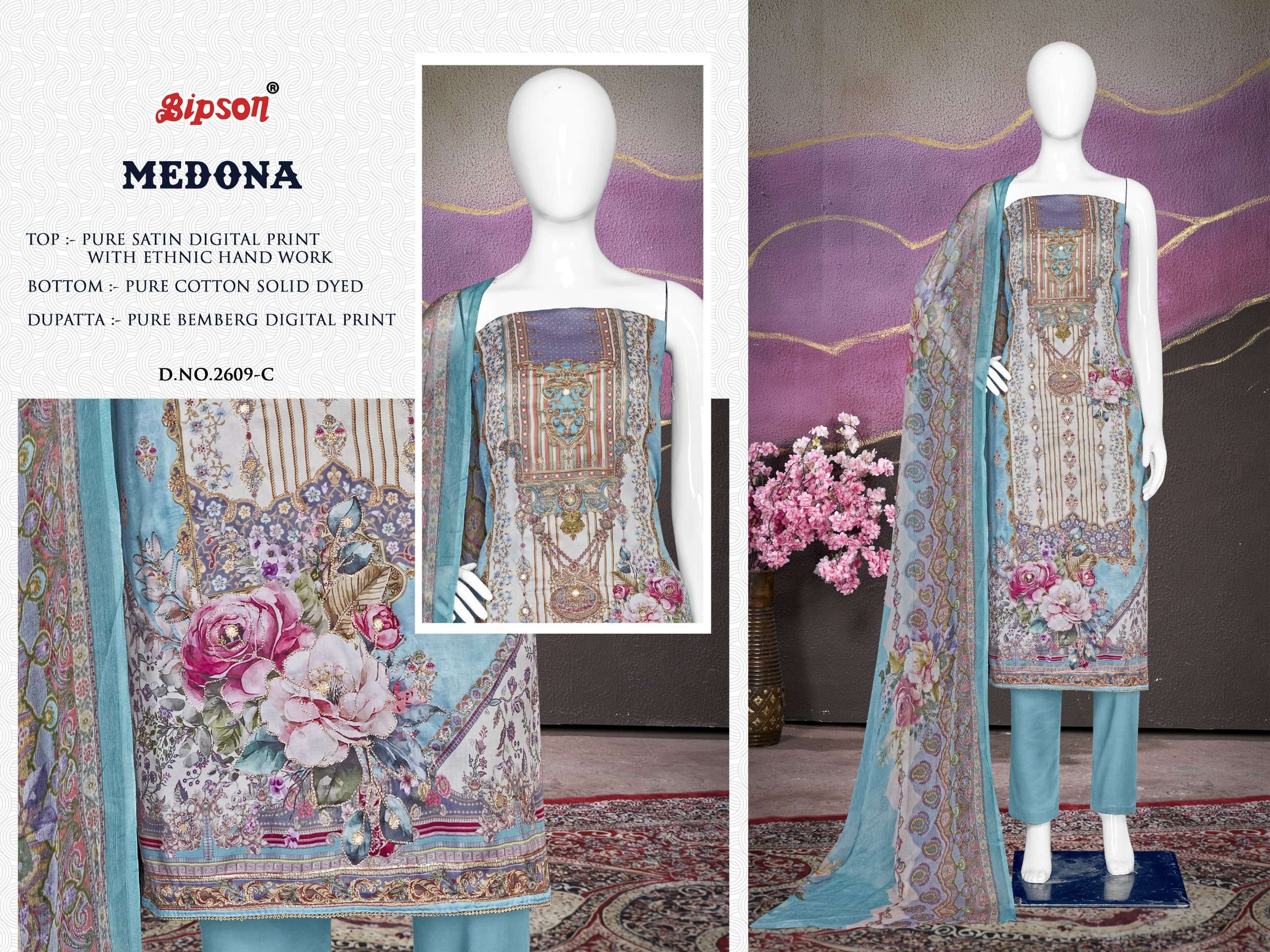 bipson medona 2609 satin ecxlusive print salwar suit catalog