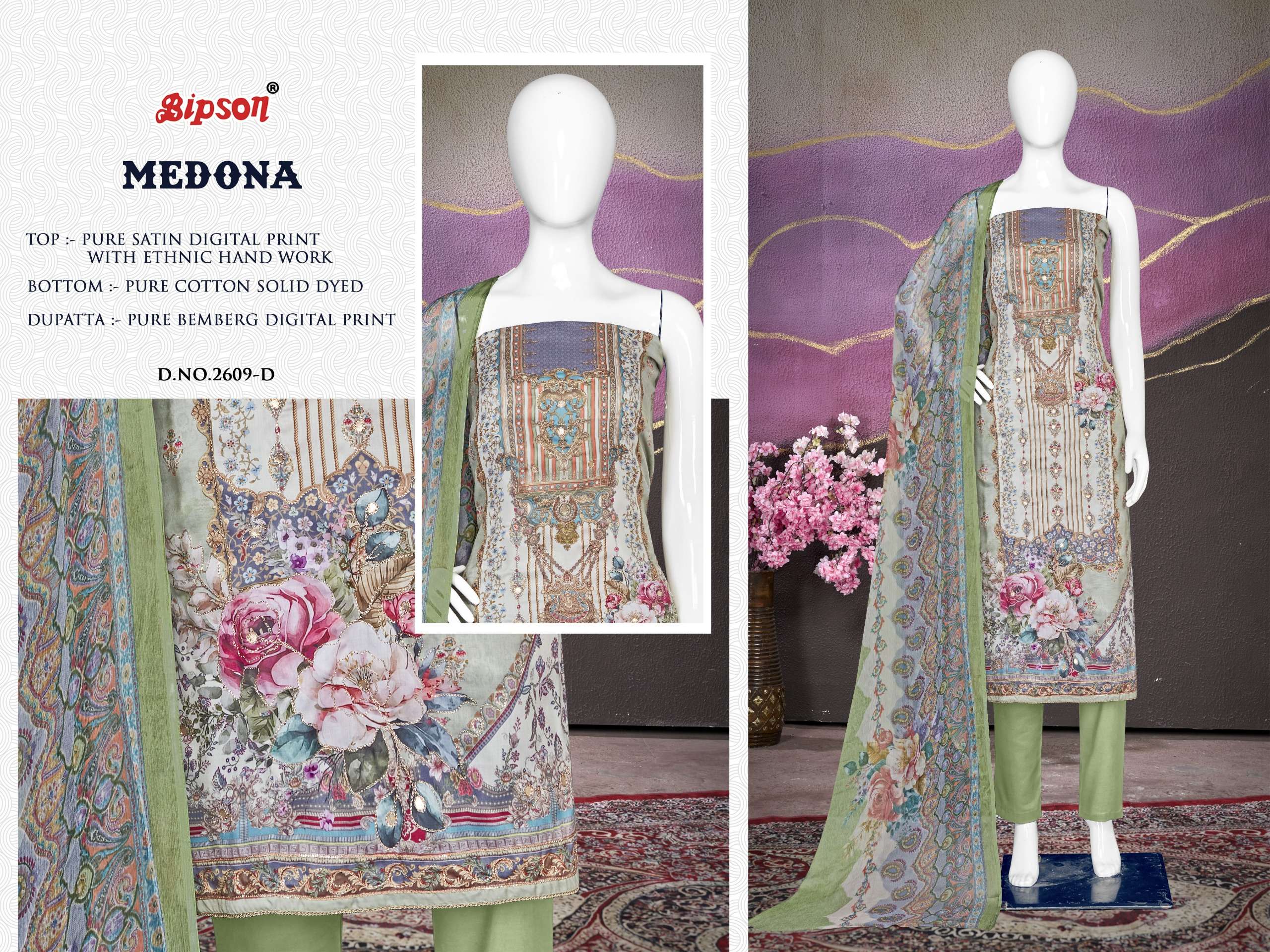 bipson medona 2609 satin ecxlusive print salwar suit catalog