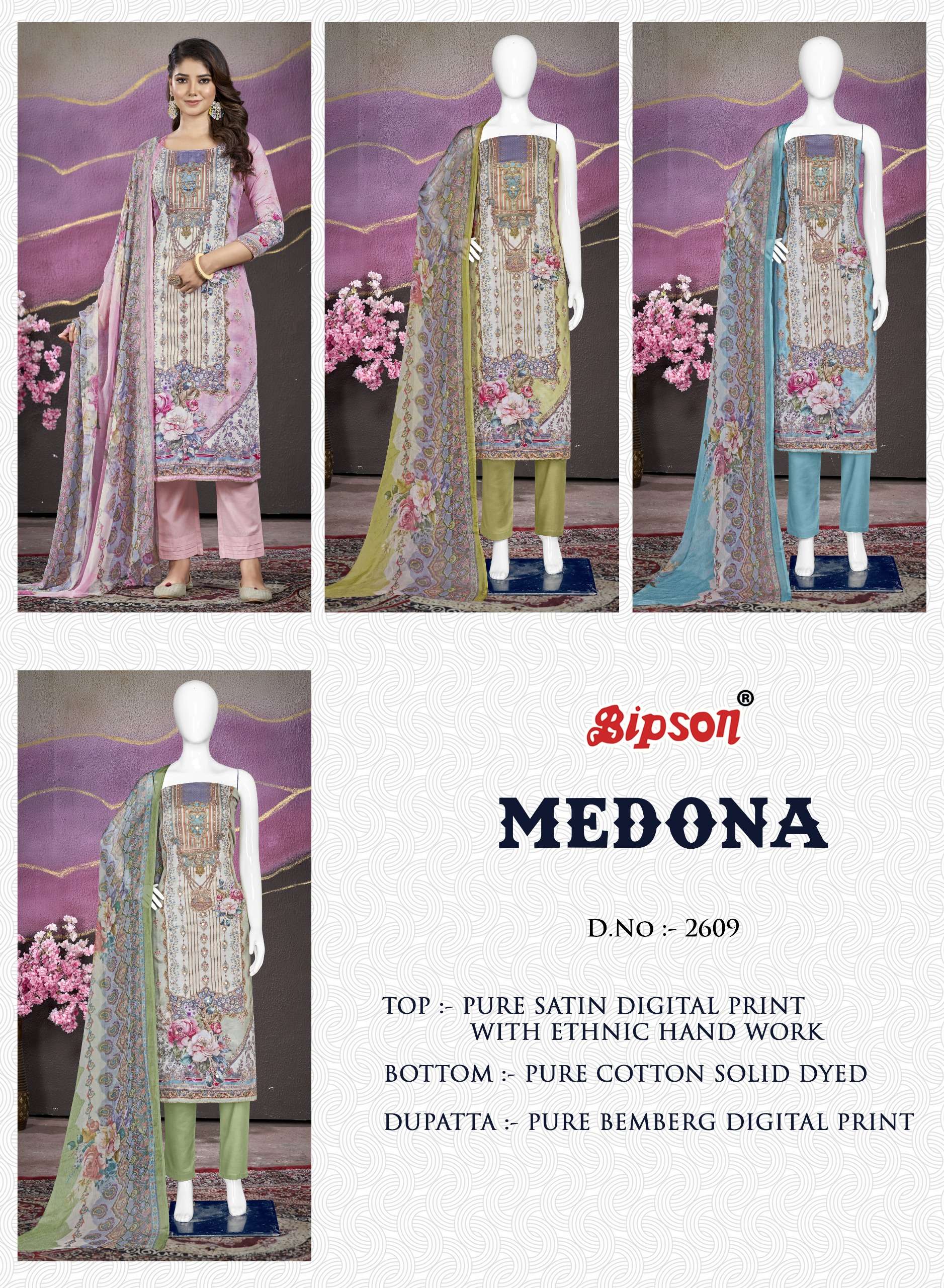 bipson medona 2609 satin ecxlusive print salwar suit catalog