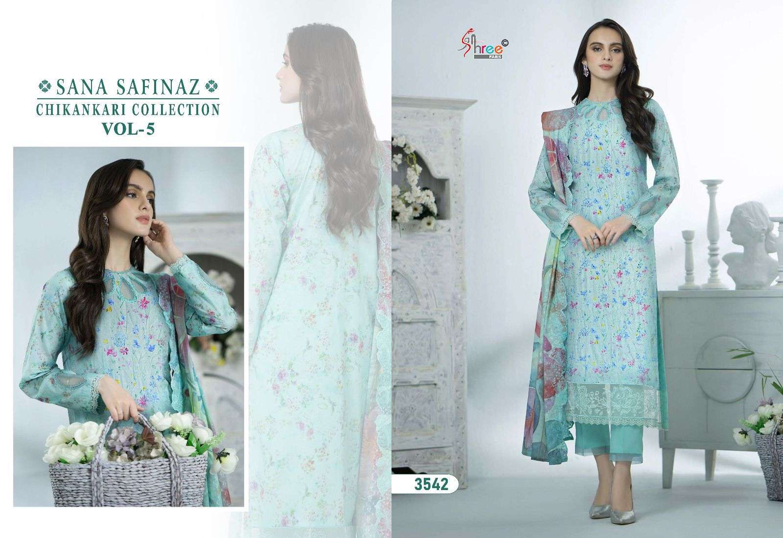 shree fabs sana safinaz chikankari collection vol 05 cotton catchy look salwar suit with cotton dupatta catalog