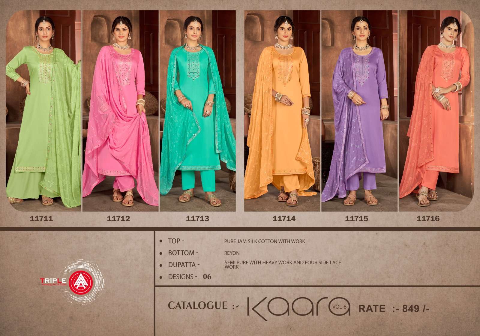 triple aaa kaara jam silk attrective look salwar suit catalog