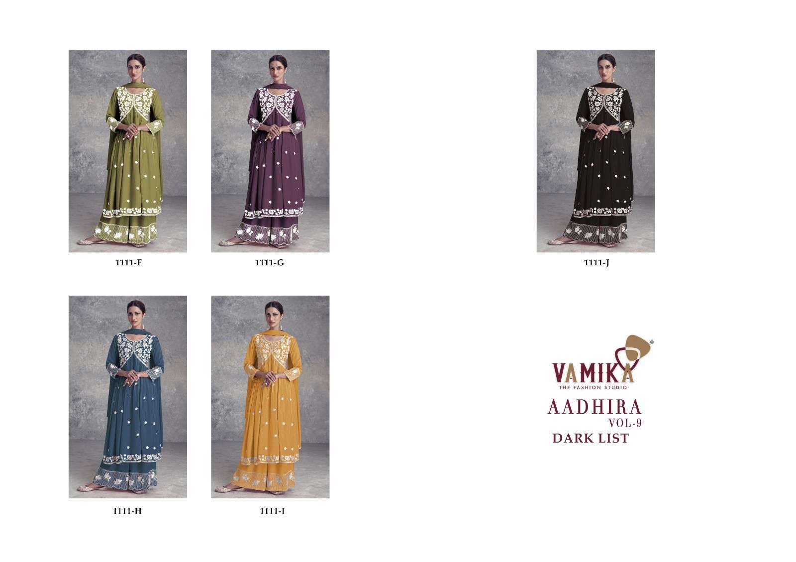 vamika tm aadhira vol 9 dark d no 1111 f to 1111 j rayon viscose decent look top bottom with dupatta catalog