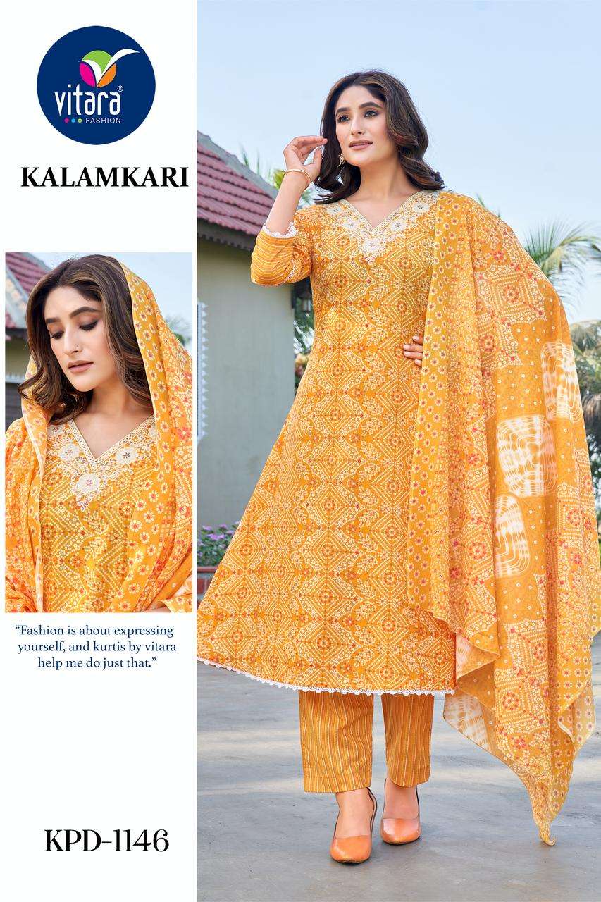 vitara fashion kalamkari cotton decent look top bottm with dupatta size set