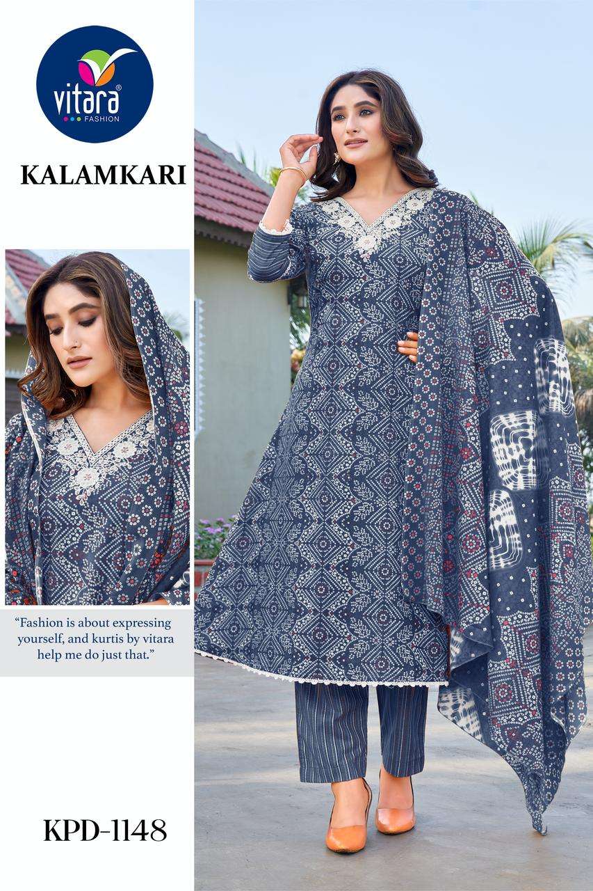 vitara fashion kalamkari cotton decent look top bottm with dupatta size set